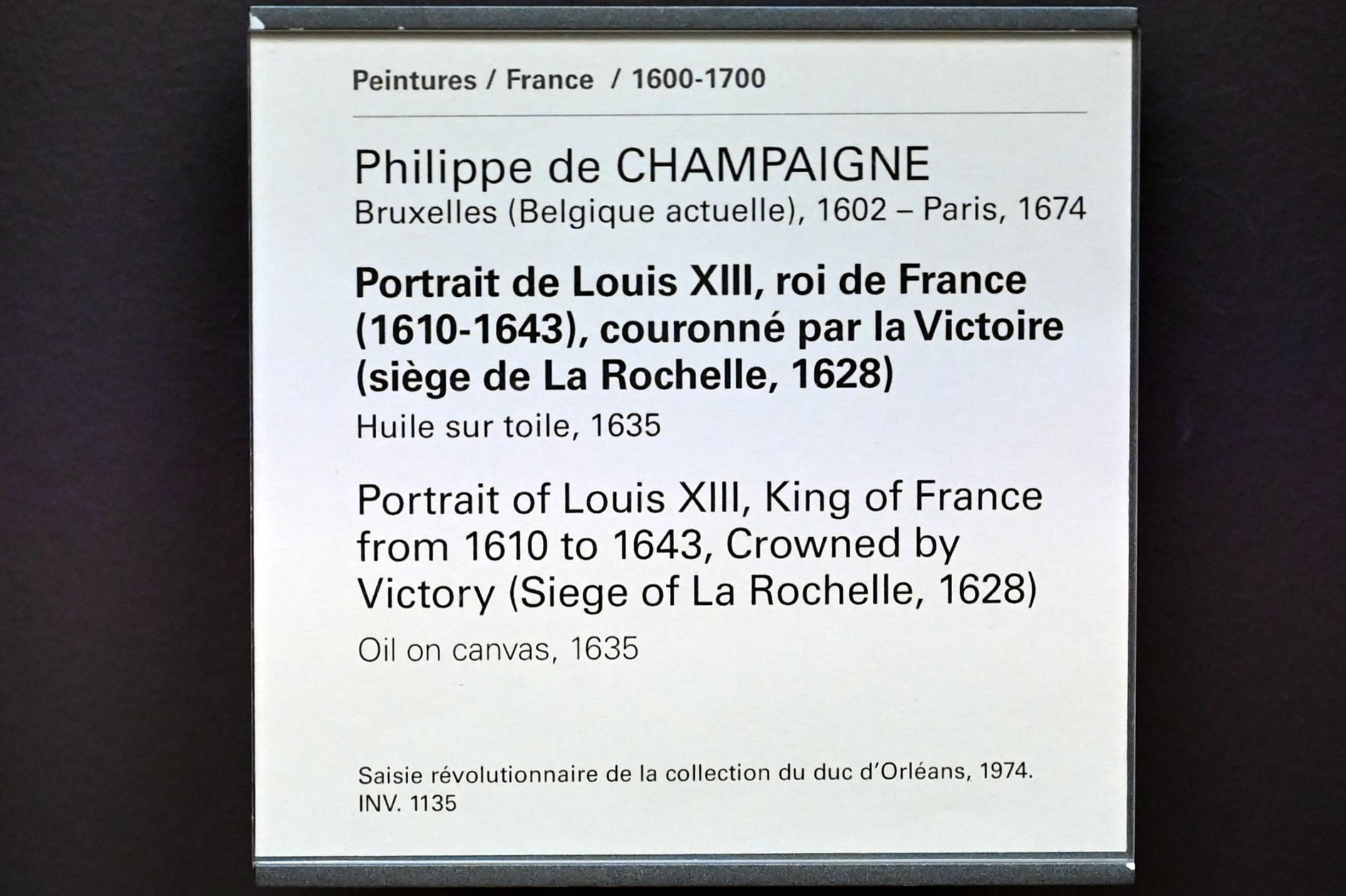 Philippe de Champaigne (1629–1668), Porträt des Ludwig XIII., König von Frankreich von 1610 bis 1643, gekrönt durch Victoria (Belagerung von La Rochelle, 1628), Paris, Musée du Louvre, Saal 828, 1635, Bild 2/2