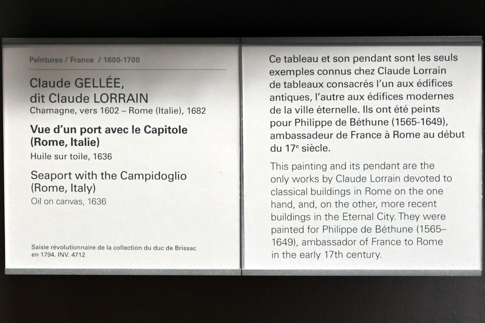 Claude Lorrain (Claude Gellée) (1628–1681), Seehafen mit dem Kapitolsplatz in Rom, Paris, Musée du Louvre, Saal 827, 1636, Bild 2/2