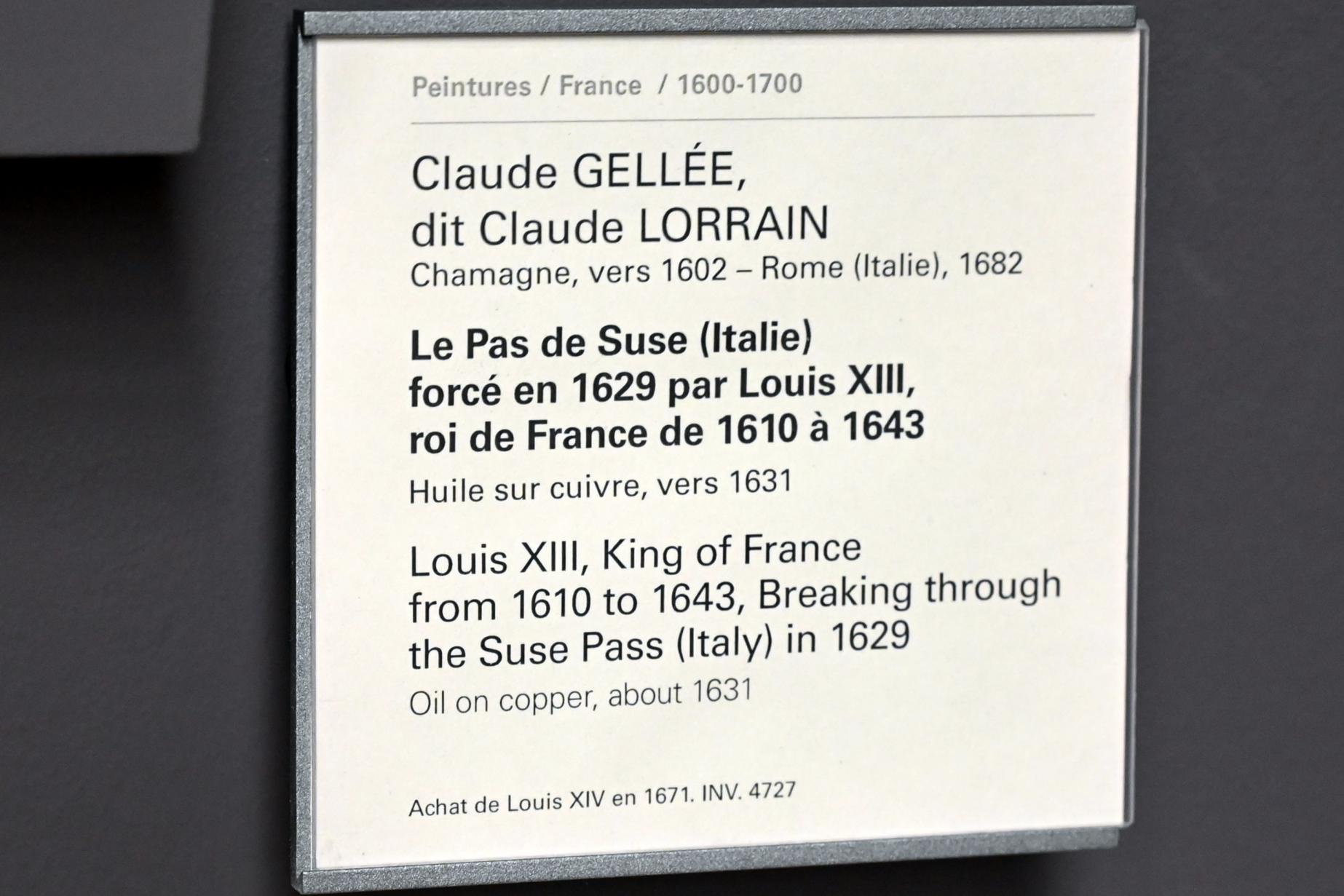 Claude Lorrain (Claude Gellée) (1628–1681), Ludwig XIII., König von Frankreich von 1610 bis 1643, bezwingt 1629 den Suse-Pass (Italien), Paris, Musée du Louvre, Saal 827, um 1631, Bild 2/2