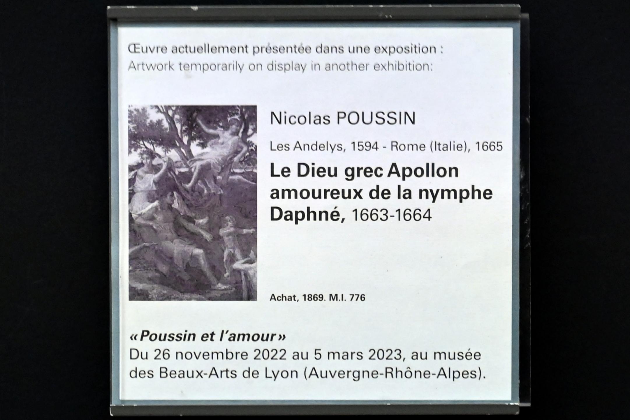 Nicolas Poussin (1624–1663), Der griechische Gott Apollo verliebt sich in die Nymphe Daphne, Paris, Musée du Louvre, Saal 825, 1663–1664