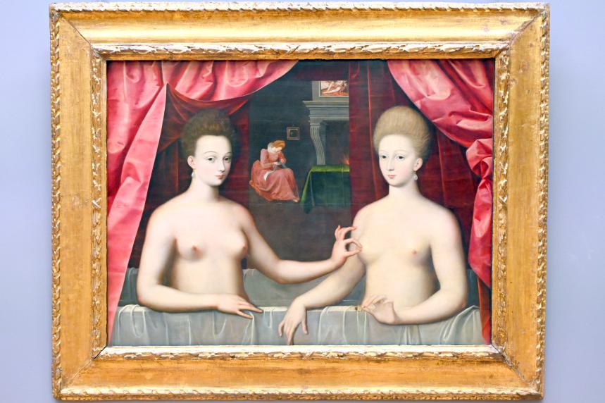 Vermutliches Porträt der Gabrielle d'Estrées (1573-1599) und ihrer Schwester, der Herzogin von Villars, Paris, Musée du Louvre, Saal 824, um 1594, Bild 1/2