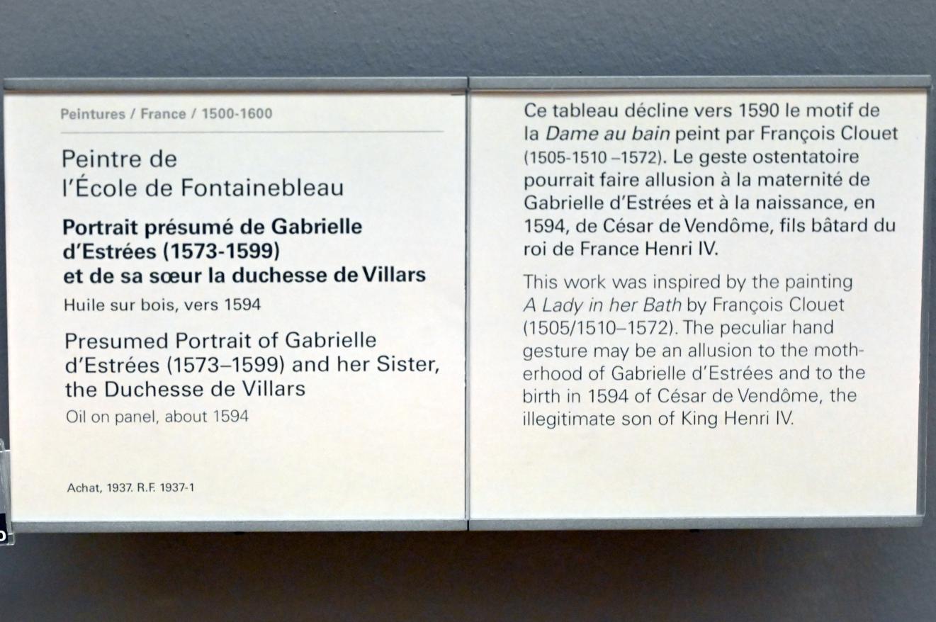 Vermutliches Porträt der Gabrielle d'Estrées (1573-1599) und ihrer Schwester, der Herzogin von Villars, Paris, Musée du Louvre, Saal 824, um 1594, Bild 2/2