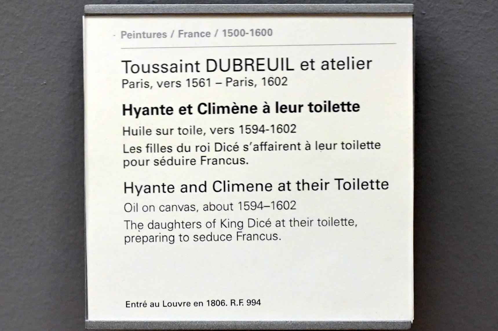 Toussaint Dubreuil (1598–1600), Hyante und Climène bei ihrer Toilette, Paris, Musée du Louvre, Saal 824, um 1594–1602, Bild 2/2