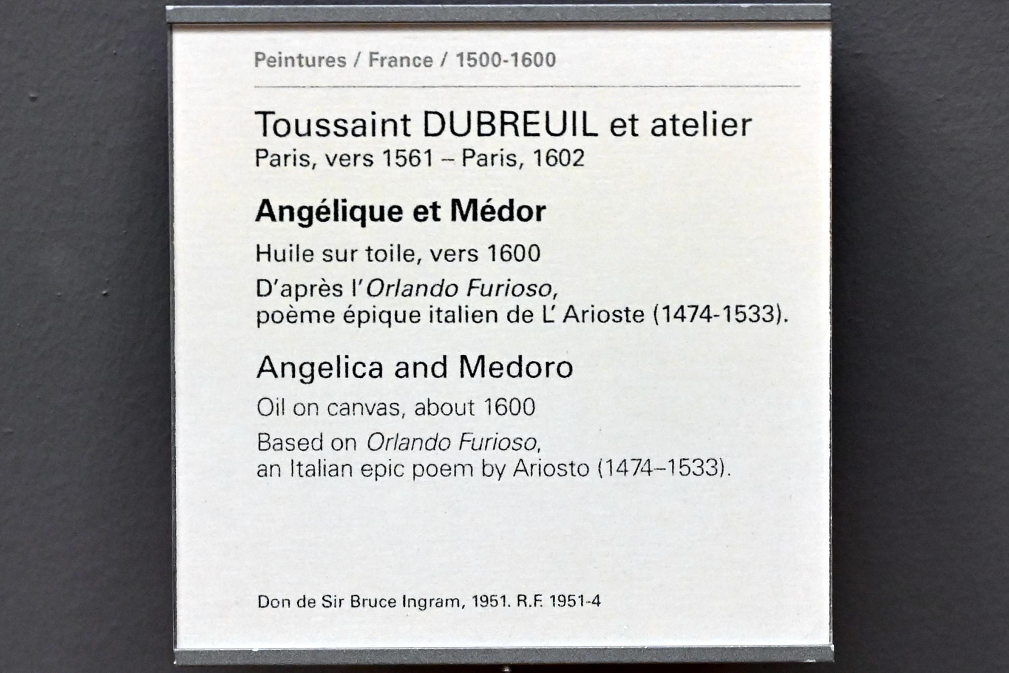 Toussaint Dubreuil (1598–1600), Angelica und Medoro, Paris, Musée du Louvre, Saal 824, um 1600, Bild 2/2