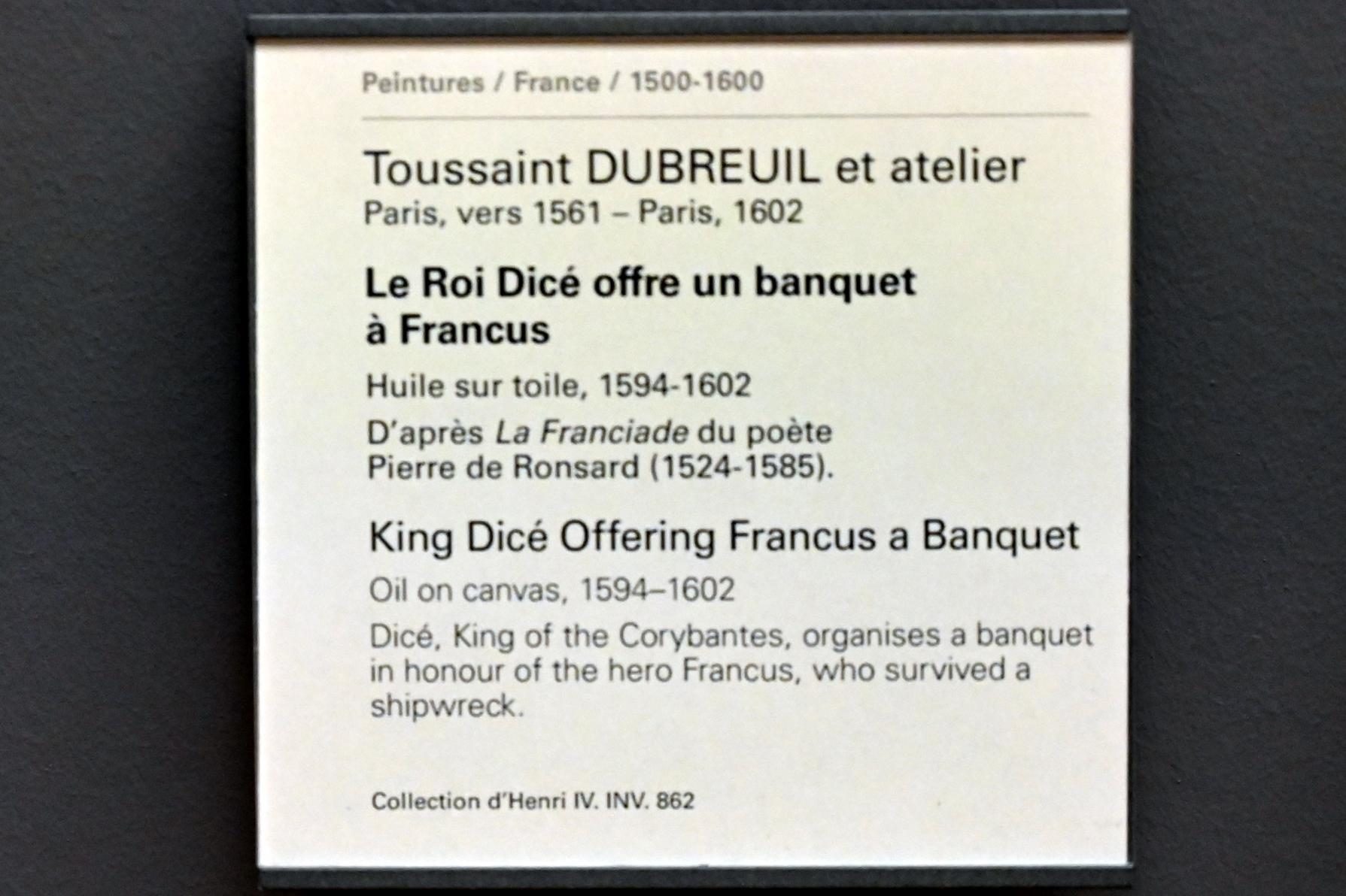 Toussaint Dubreuil (1598–1600), König Dicé bietet Francus ein Bankett an, Paris, Musée du Louvre, Saal 824, 1594–1602, Bild 2/2