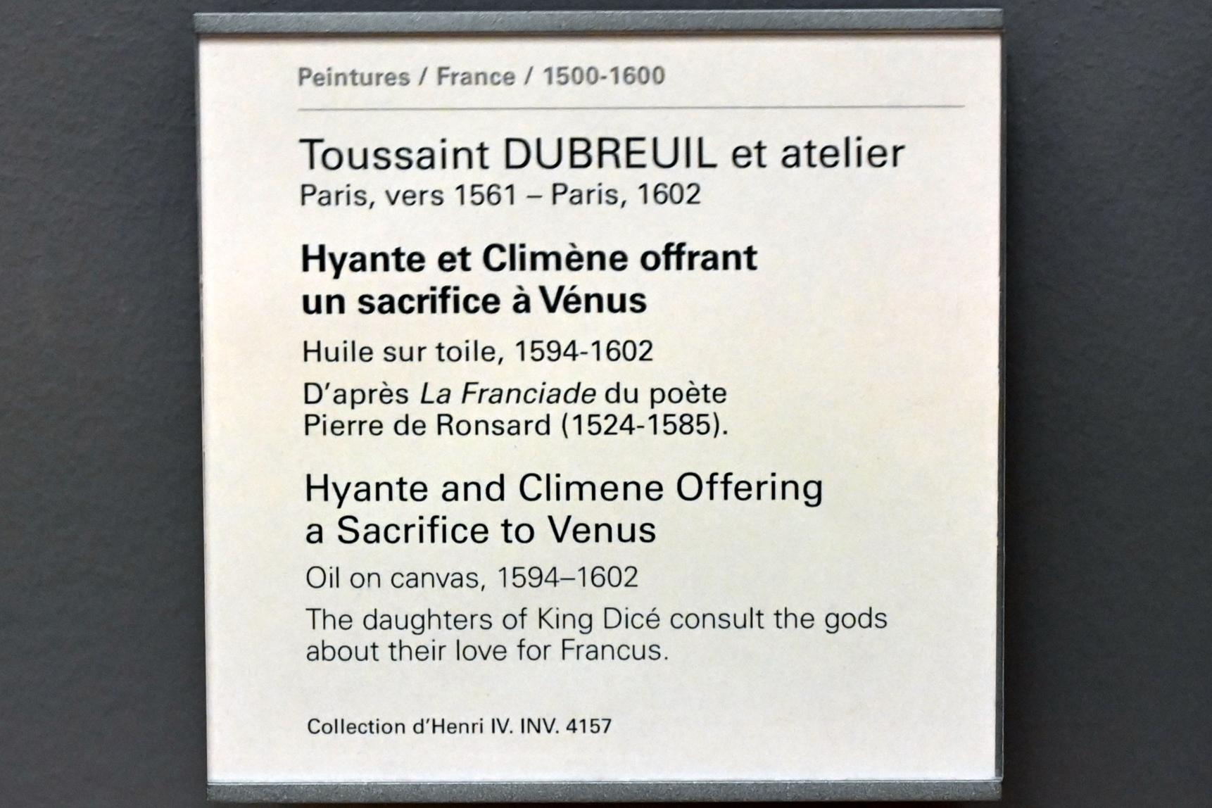 Toussaint Dubreuil (1598–1600), Hyante und Climene bringen Venus Opfer dar, Paris, Musée du Louvre, Saal 824, 1594–1602, Bild 2/2