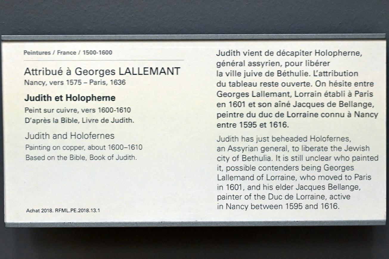 Georges Lallemant (1605), Judith mit dem Haupt des Holofernes, Paris, Musée du Louvre, Saal 824, um 1600–1610, Bild 2/2