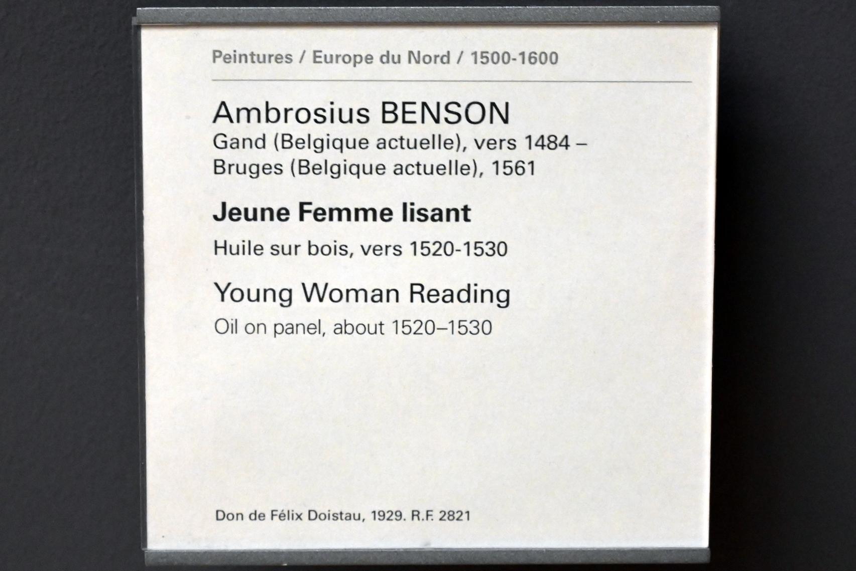 Ambrosius Benson (1525–1531), Junge Frau beim Lesen, Paris, Musée du Louvre, Saal 814, um 1520–1530, Bild 2/2