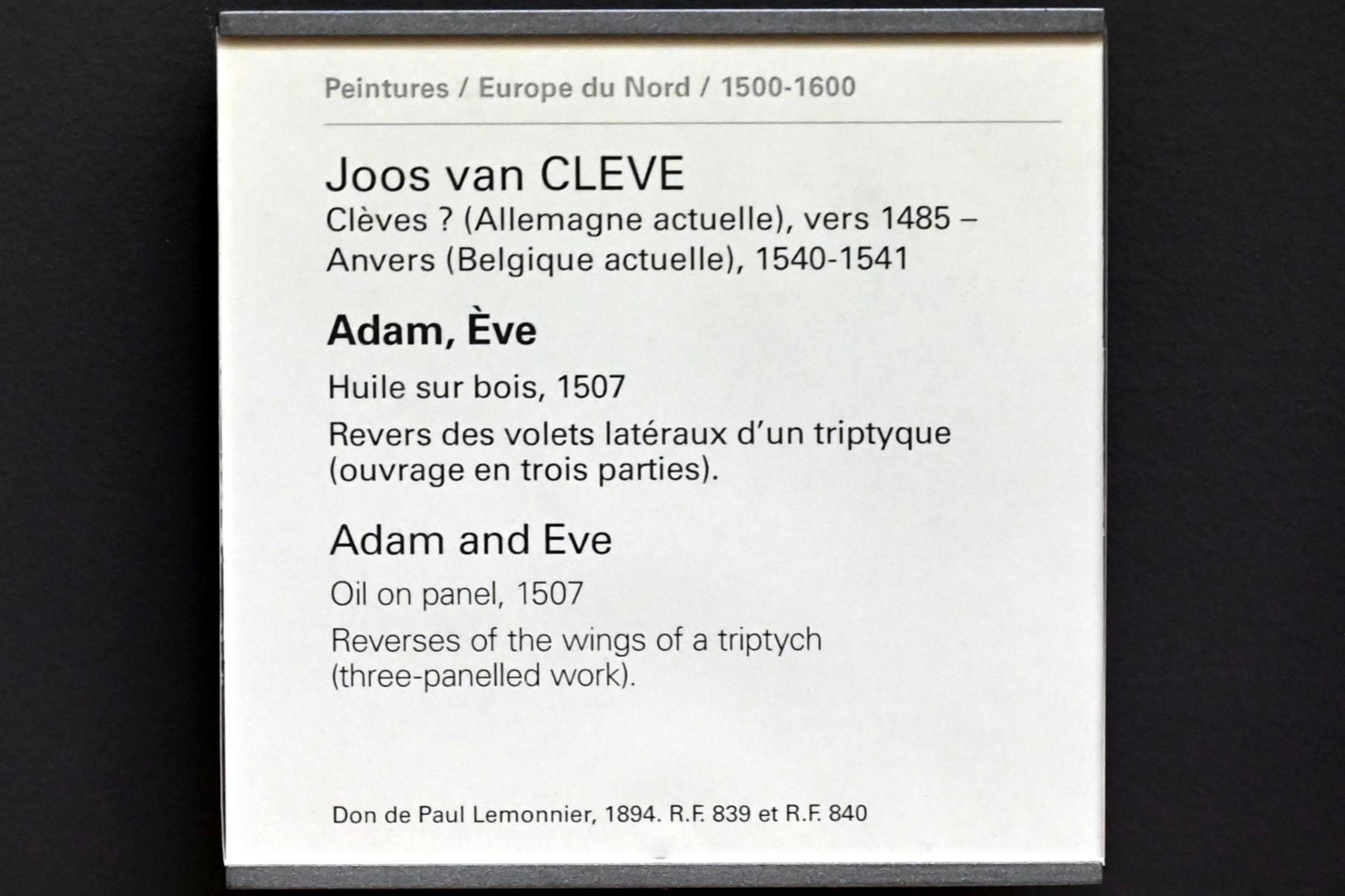 Joos van Cleve (Joos van der Beke) (1507–1538), Adam und Eva, Paris, Musée du Louvre, Saal 814, 1507, Bild 2/2