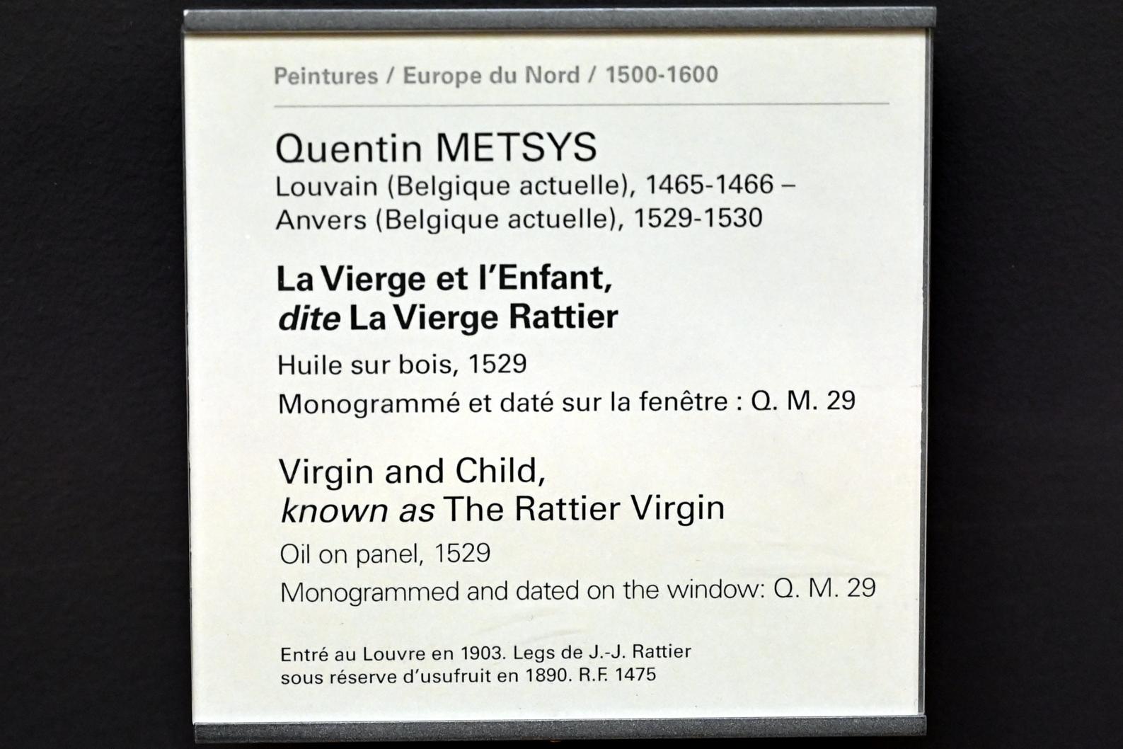 Quinten Massys (1514–1530), Jungfrau und Kind (Rattier Madonna), Paris, Musée du Louvre, Saal 814, 1529, Bild 2/2