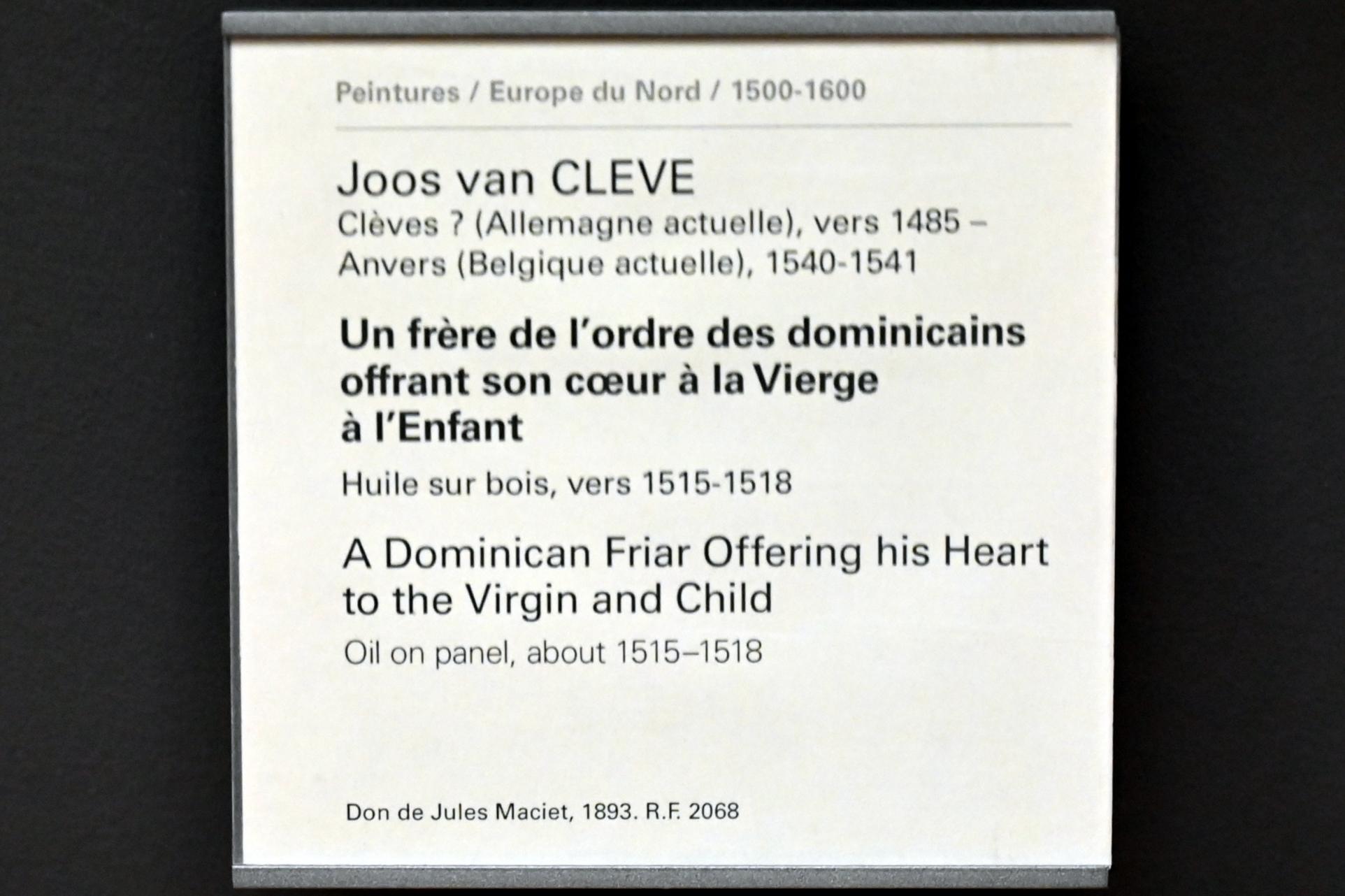 Joos van Cleve (Joos van der Beke) (1507–1538), Ein Mönch des Dominikanerordens schenkt der Jungfrau und dem Kind sein Herz, Paris, Musée du Louvre, Saal 814, um 1515–1518, Bild 2/2