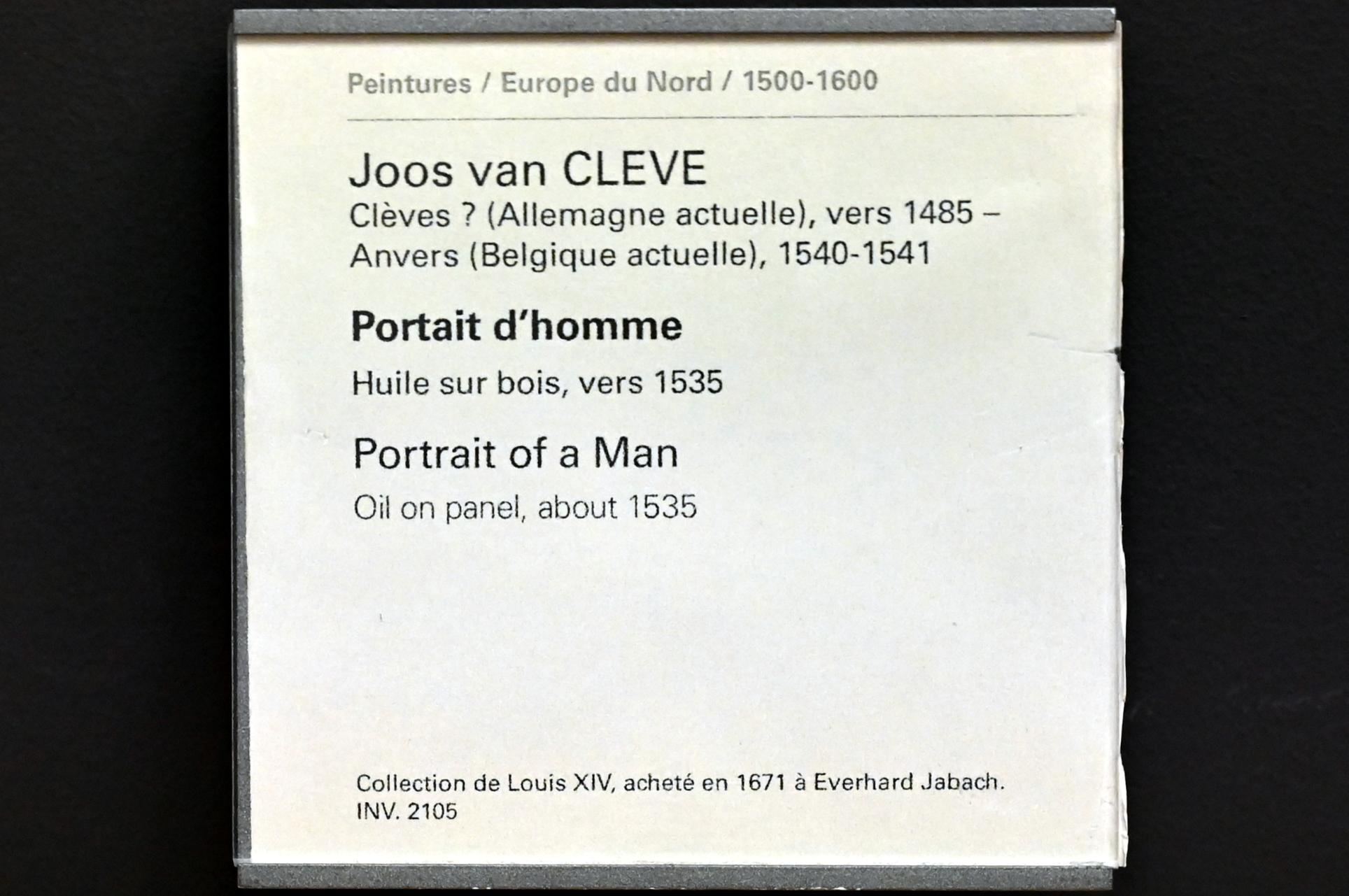 Joos van Cleve (Joos van der Beke) (1507–1538), Porträt eines Mannes, Paris, Musée du Louvre, Saal 814, um 1535, Bild 2/2