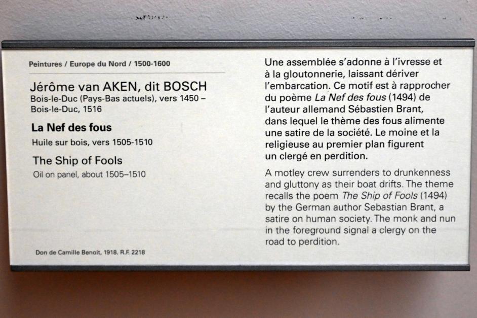 Hieronymus Bosch (1475–1510), Das Narrenschiff, Paris, Musée du Louvre, Saal 815, um 1505–1510, Bild 2/2