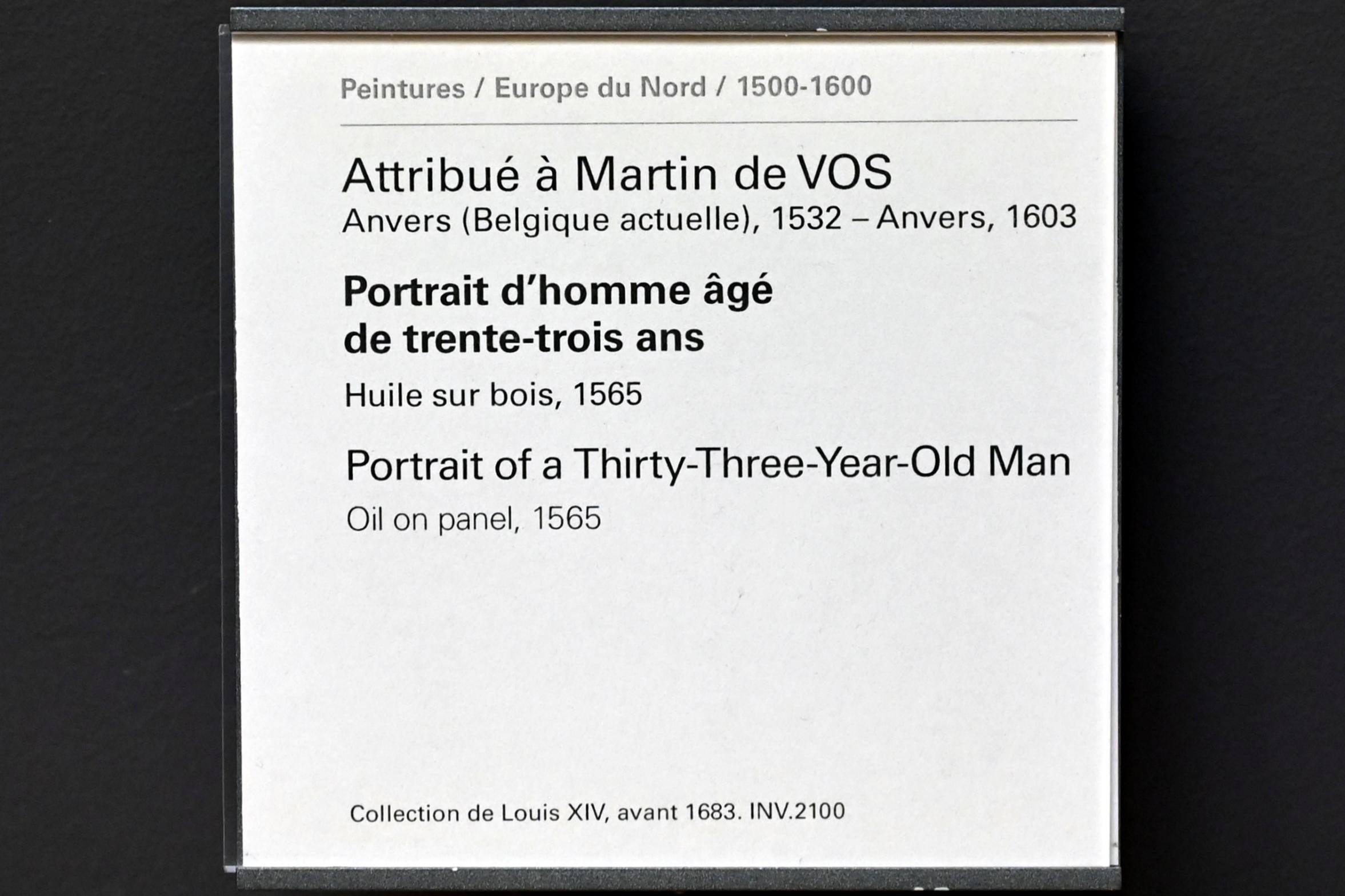 Marten de Vos (1565–1595), Porträt eines 33-jährigen Mannes, Paris, Musée du Louvre, Saal 811, 1565, Bild 2/2