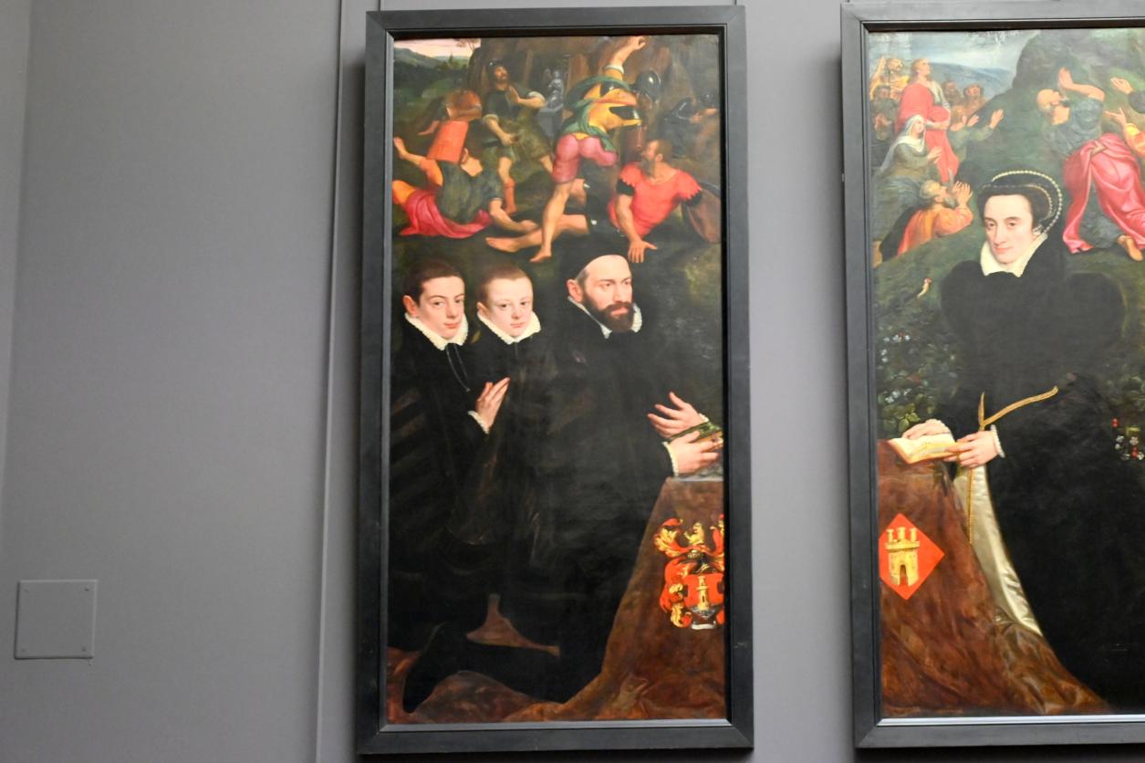 Adriaen Thomasz Key (1567–1579), Antonio del Rio (gest. 1586), Herr von Aertseleer, und seine beiden Söhne vor einer Auferstehung Christi, Paris, Musée du Louvre, Saal 811, um 1565–1570