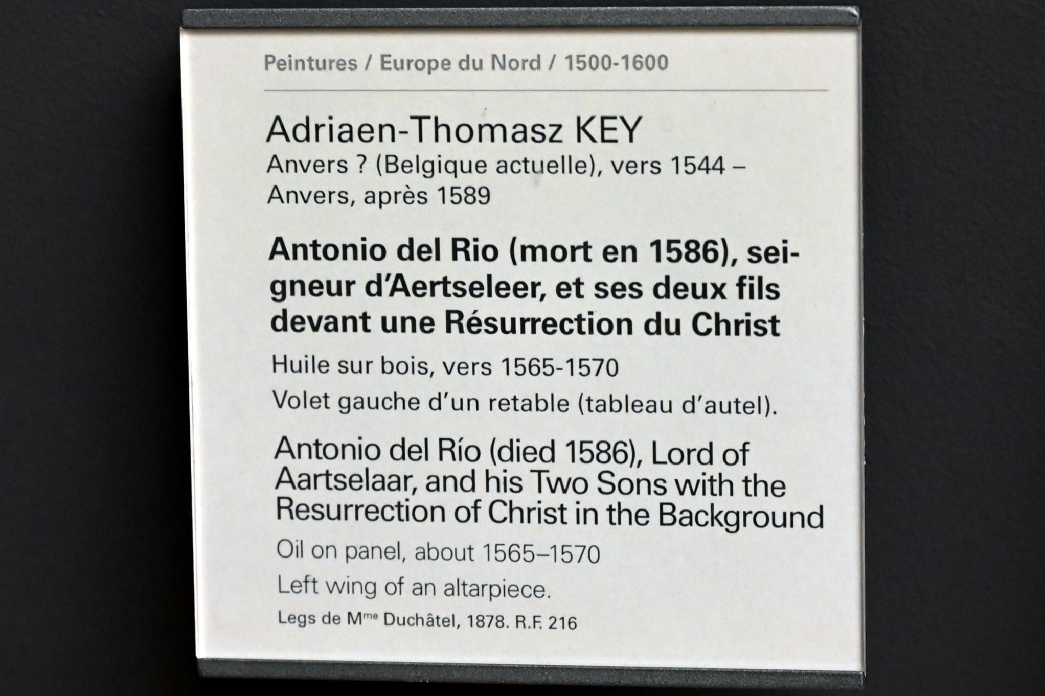 Adriaen Thomasz Key (1567–1579), Antonio del Rio (gest. 1586), Herr von Aertseleer, und seine beiden Söhne vor einer Auferstehung Christi, Paris, Musée du Louvre, Saal 811, um 1565–1570, Bild 2/2