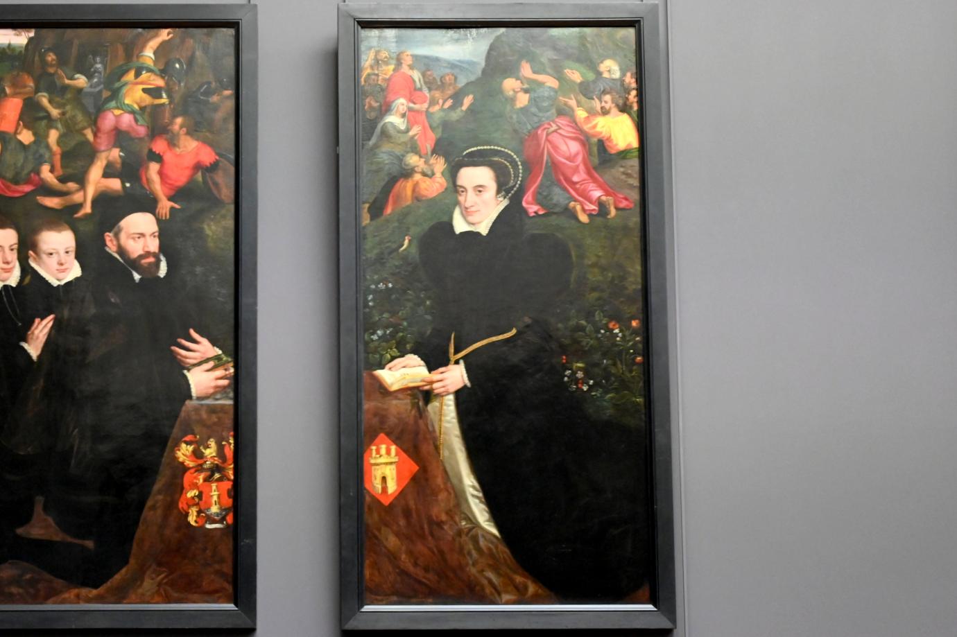 Adriaen Thomasz Key (1567–1579), Leonor Lopez de Villanova (gest. 1602), Ehefrau von Antonio del Rio vor einer Auferstehung Christi, Paris, Musée du Louvre, Saal 811, um 1565–1570