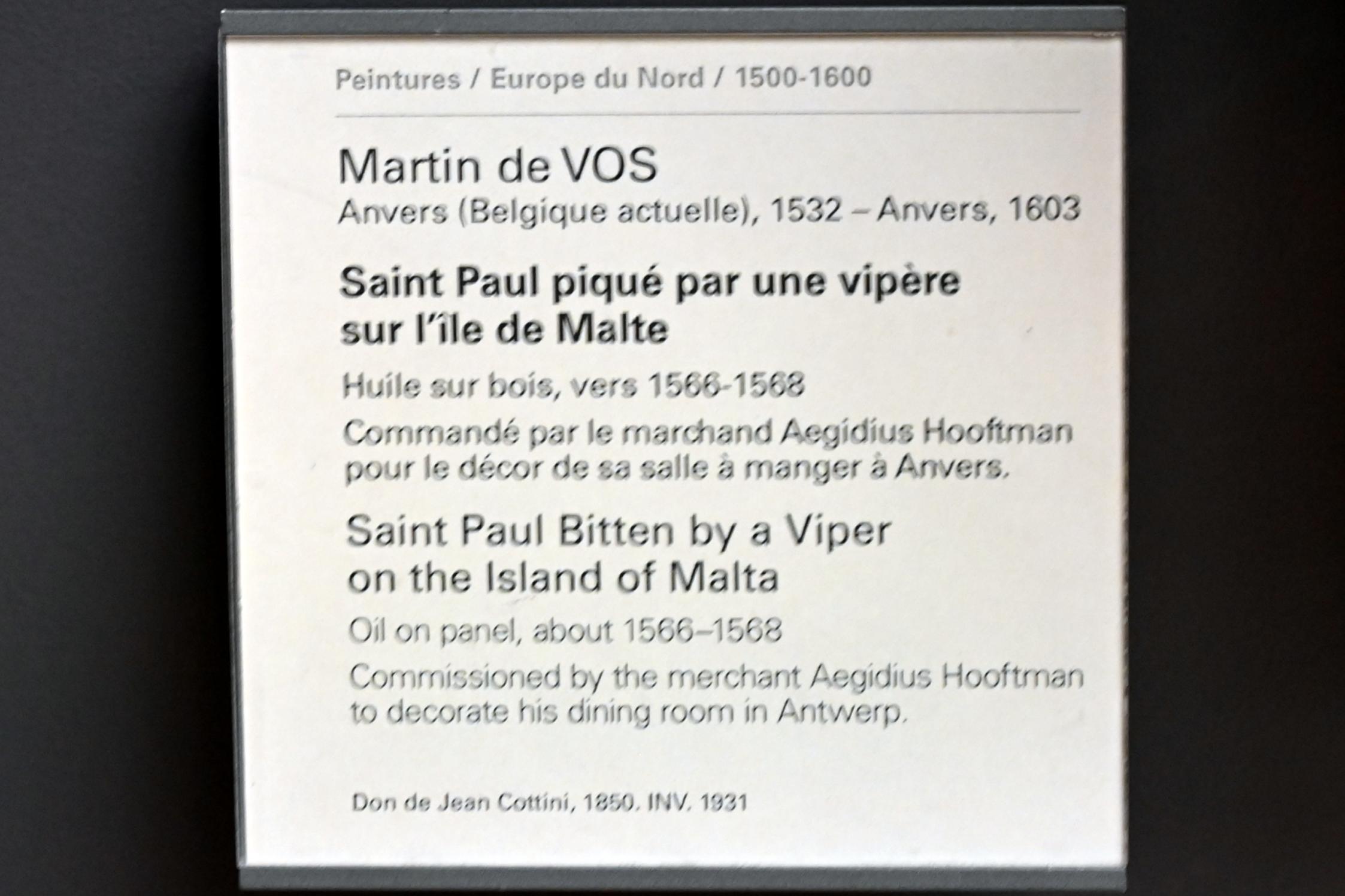Marten de Vos (1565–1595), Der heilige Paulus auf der Insel Malta gebissen von einer Viper, Paris, Musée du Louvre, Saal 811, um 1566–1568, Bild 2/2