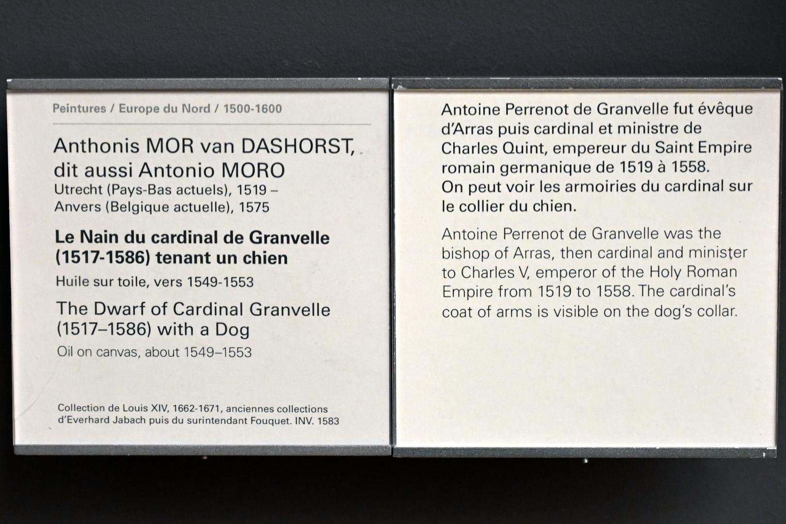 Anthonis Mor (1544–1570), Der Zwerg von Kardinal Granvelle (1517–1586) mit einem Hund, Paris, Musée du Louvre, Saal 811, um 1549–1553, Bild 2/2