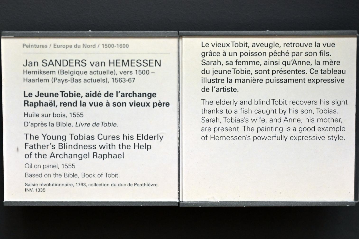Jan Sanders van Hemessen (1530–1555), Der junge Tobias stellt mit der Hilfe des Erzengels Raphael seinem alten Vater das Augenlicht wieder her, Paris, Musée du Louvre, Saal 811, 1555, Bild 2/2
