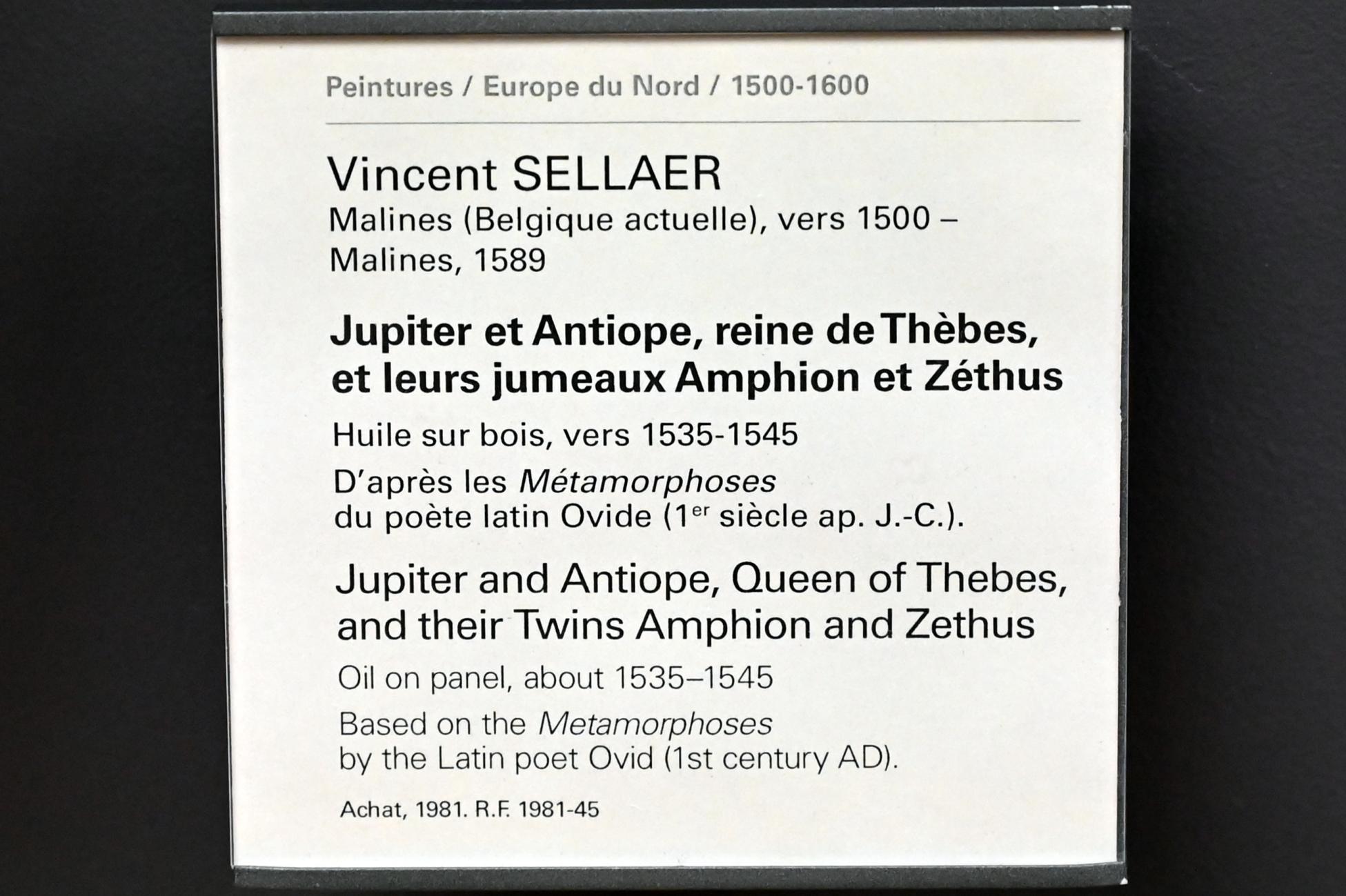 Vincent Sellaer (1540), Jupiter und Antiope, Königin von Theben, und ihre Zwillinge Amphion und Zethus, Paris, Musée du Louvre, Saal 811, um 1535–1545, Bild 2/2