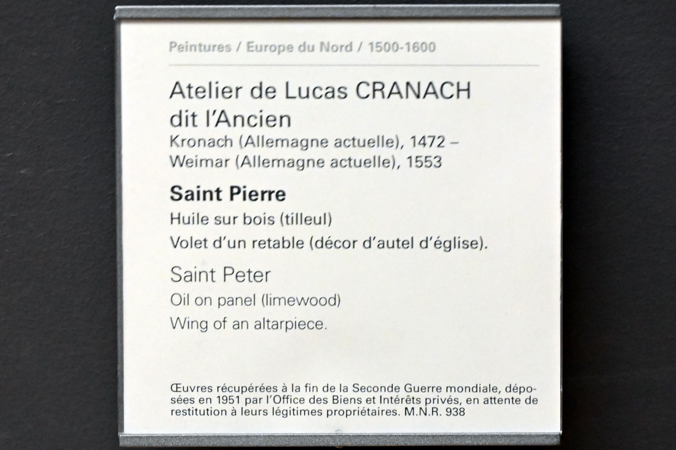 Lucas Cranach der Ältere (Werkstatt) (1515–1550), Heiliger Petrus, Paris, Musée du Louvre, Saal 809, Undatiert, Bild 2/2