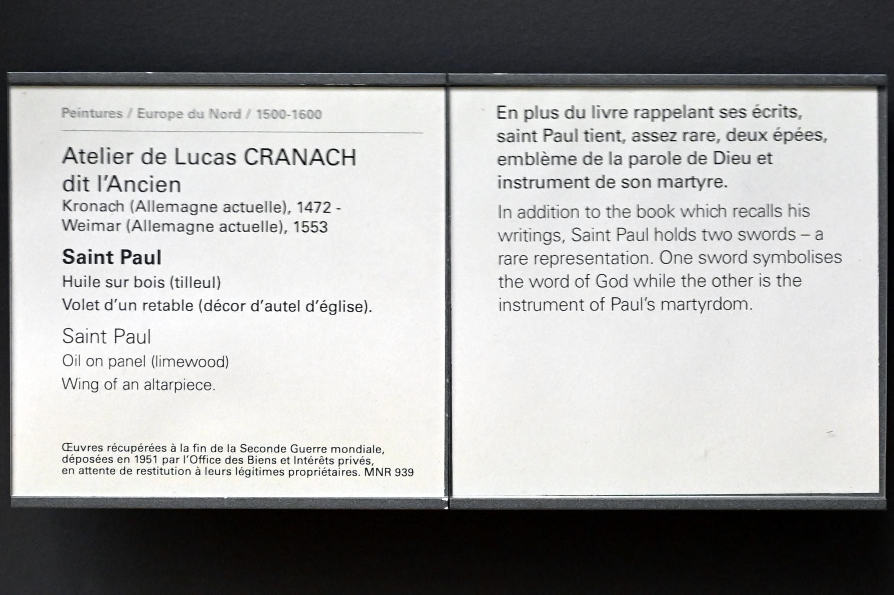 Lucas Cranach der Ältere (Werkstatt) (1515–1550), Heiliger Paulus, Paris, Musée du Louvre, Saal 809, Undatiert, Bild 2/2