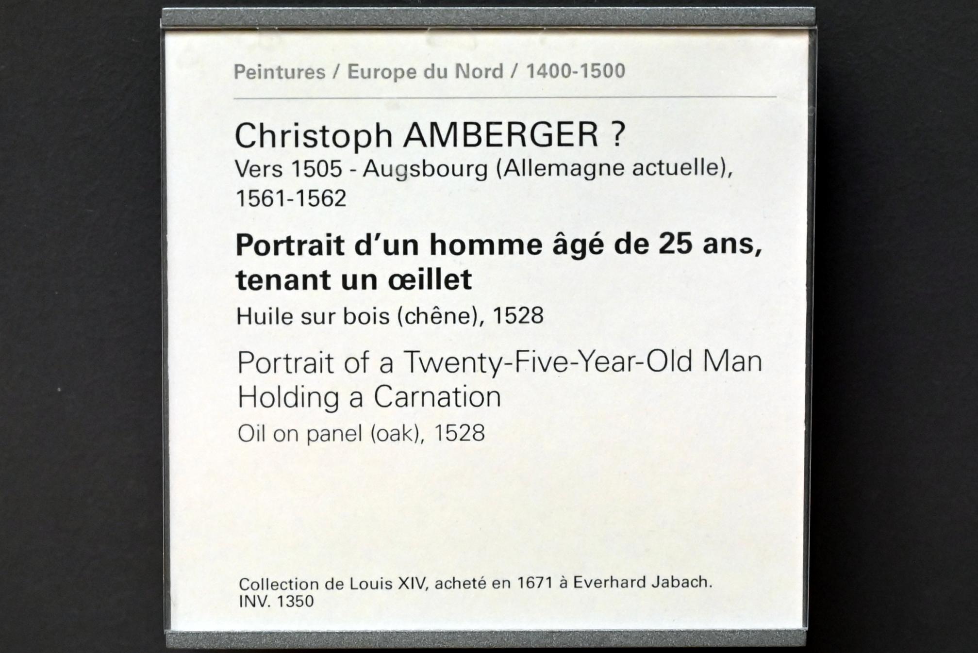 Christoph Amberger (1525–1552), Porträt eines 25-jährigen Mannes mit einer Nelke, Paris, Musée du Louvre, Saal 809, 1528, Bild 2/2
