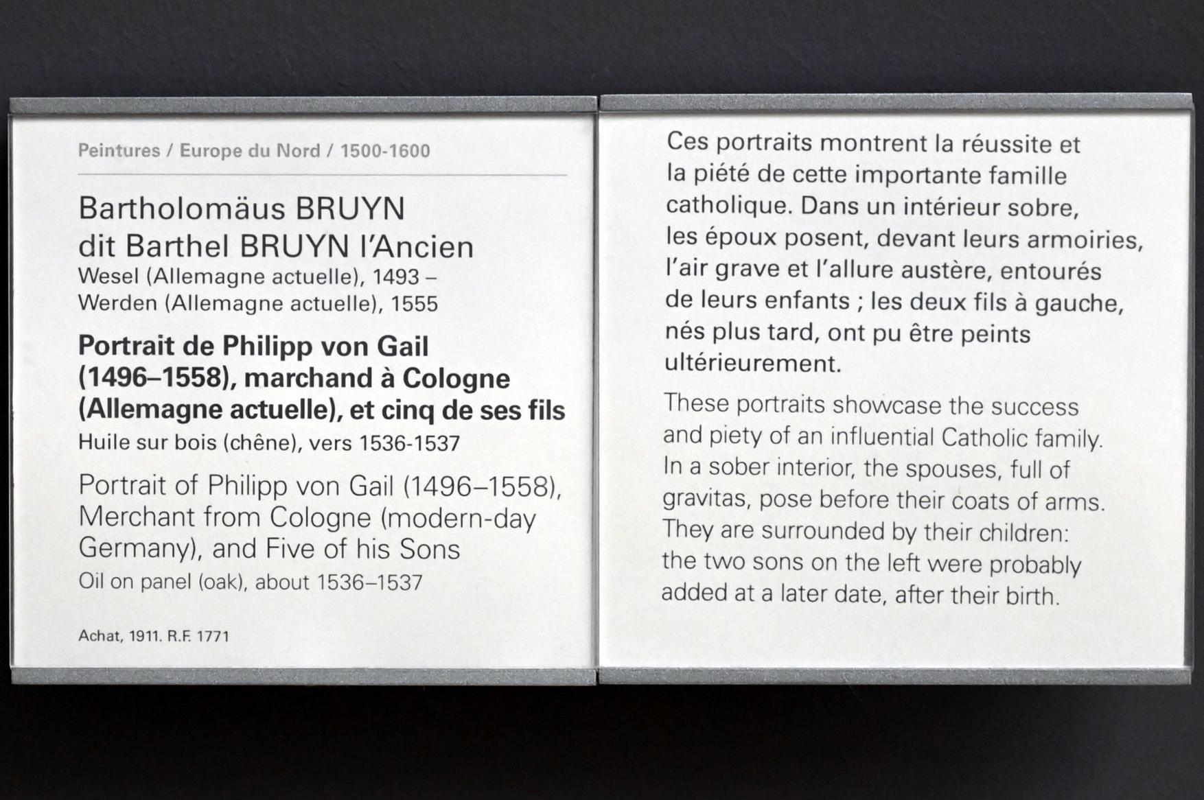 Bartholomäus Bruyn der Ältere (1513–1546), Porträt des Philipp von Gail (1496-1558), Kaufmann in Köln, und fünf seiner Söhne, Paris, Musée du Louvre, Saal 809, um 1536–1537, Bild 2/2