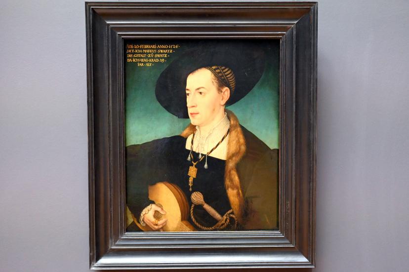 Hans Maler zu Schwaz (1512–1529), Porträt des jungen Laute spielenden Bankiers Mathäus Schwartz (1497-1574), Paris, Musée du Louvre, Saal 809, 1526, Bild 1/2