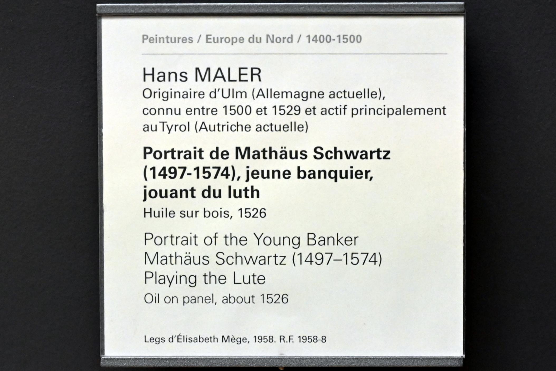 Hans Maler zu Schwaz (1512–1529), Porträt des jungen Laute spielenden Bankiers Mathäus Schwartz (1497-1574), Paris, Musée du Louvre, Saal 809, 1526, Bild 2/2
