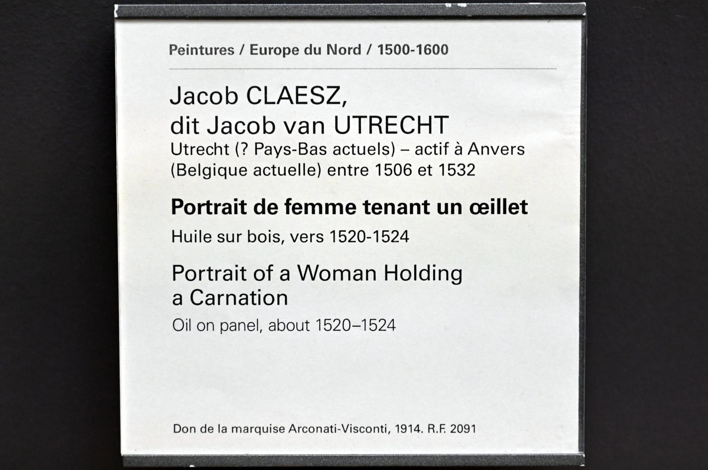 Jacob van Utrecht (1513–1522), Porträt einer Frau mit einer Nelke, Paris, Musée du Louvre, Saal 809, um 1520–1524, Bild 2/2