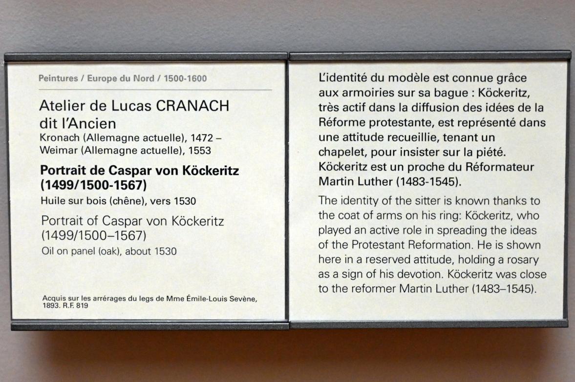Lucas Cranach der Ältere (Werkstatt) (1515–1550), Porträt des Caspar von Köckeritz (1499/1500-1567), Paris, Musée du Louvre, Saal 810, um 1530, Bild 2/2