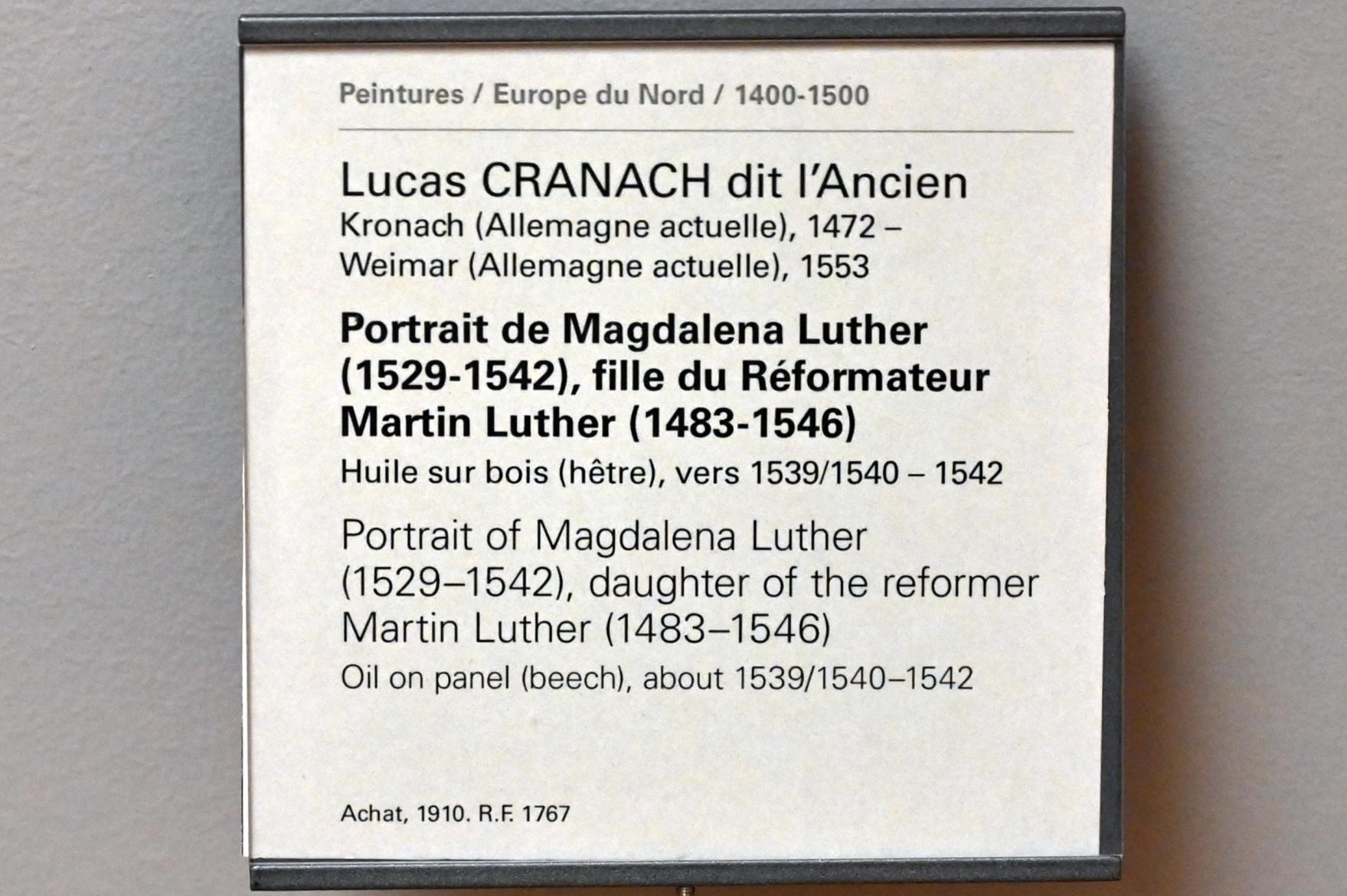 Lucas Cranach der Ältere (1502–1550), Porträt der Magdalena Luther (1529–1542), Tochter des Reformators Martin Luther (1483–1546), Paris, Musée du Louvre, Saal 810, um 1539–1542, Bild 2/2