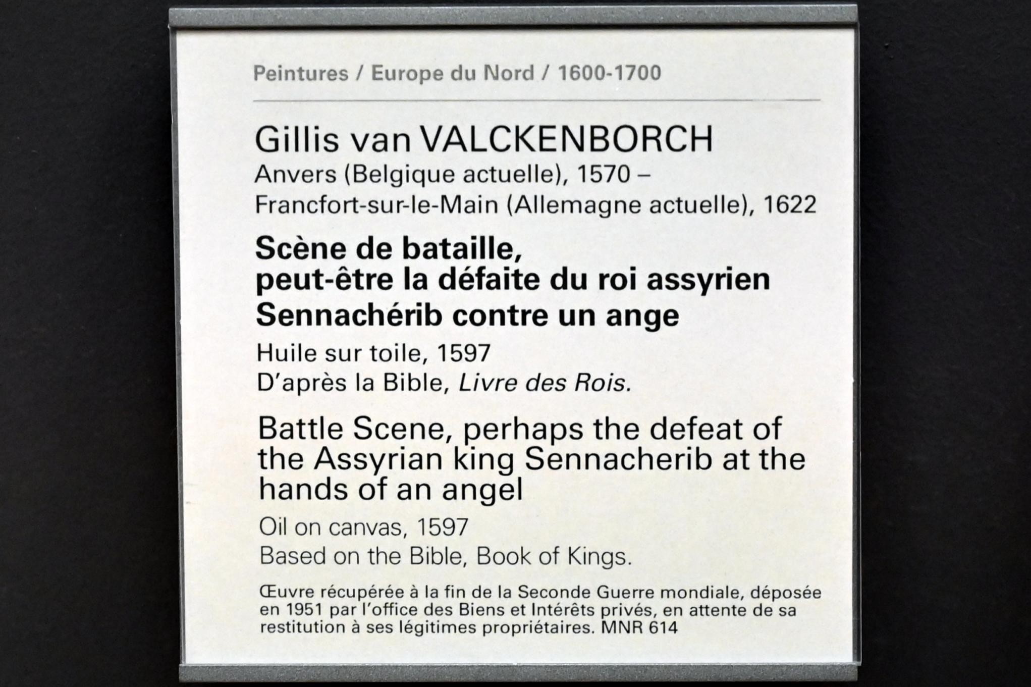 Gillis van Valckenborch (1597–1600), Schlachtszene, möglicherweise die Niederlage des assyrischen Königs Sanherib gegen einen Engel, Paris, Musée du Louvre, Saal 806, 1597, Bild 2/2