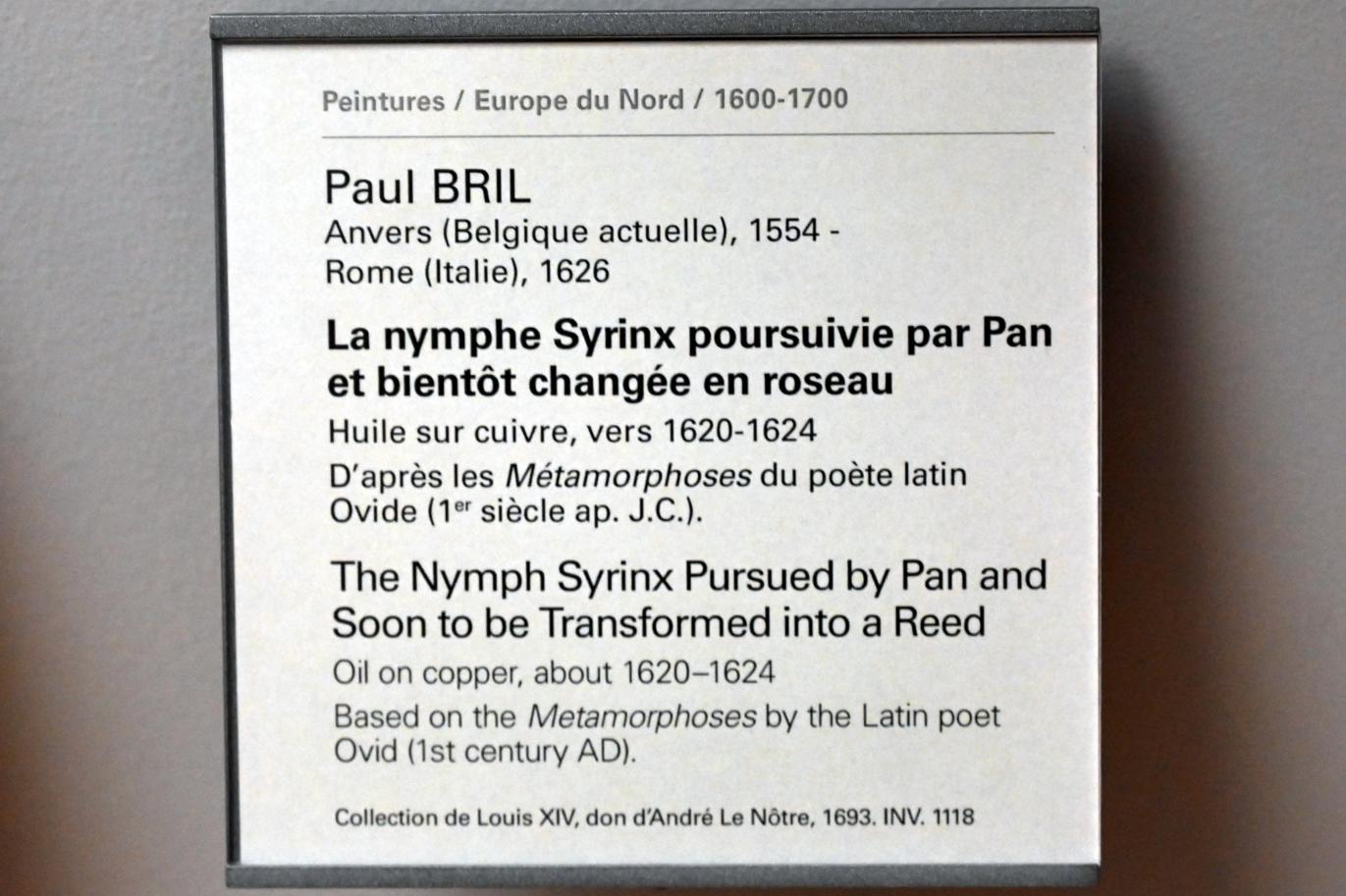 Paul Bril (1592–1624), Die Nymphe Syrinx wird von Pan verfolgt und verwandelte sich in ein Schilfrohr, Paris, Musée du Louvre, Saal 807, um 1620–1624, Bild 2/2