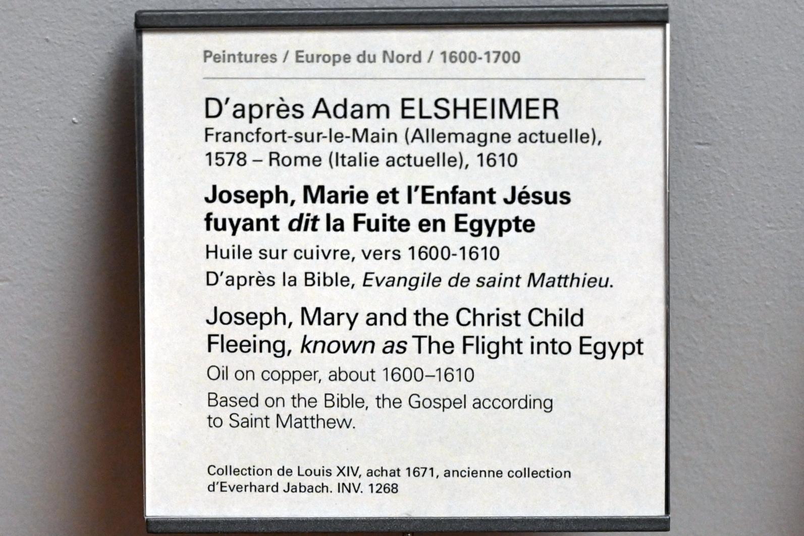 Adam Elsheimer (Nachfolger) (1603–1610), Die fliehenden Josef, Maria und Jesuskind (Flucht nach Ägypten), Paris, Musée du Louvre, Saal 807, um 1600–1610, Bild 2/2
