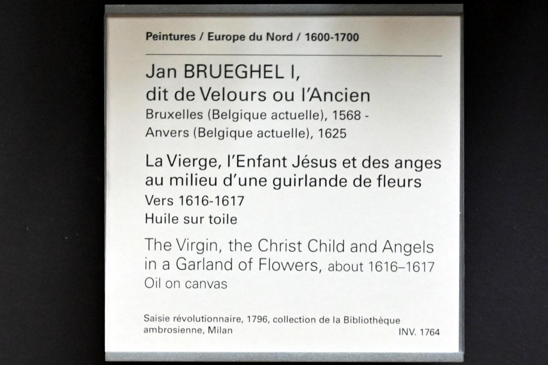 Jan Brueghel der Ältere (Samtbrueghel, Blumenbrueghel) (1593–1621), Die Jungfrau, das Jesuskind und Engel inmitten einer Blumengirlande, Paris, Musée du Louvre, Saal 803, um 1616–1617, Bild 2/2