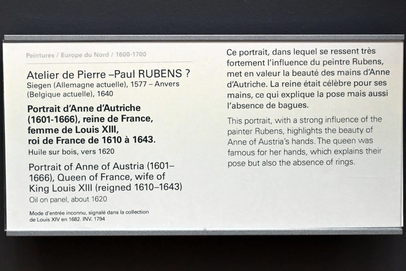 Peter Paul Rubens (Werkstatt) (1615–1635), Porträt der Anna von Österreich (1601-1666), Königin von Frankreich, Ehefrau von Ludwig XIII., König von Frankreich 1610 bis 1643, Paris, Musée du Louvre, Saal 803, um 1620, Bild 2/2