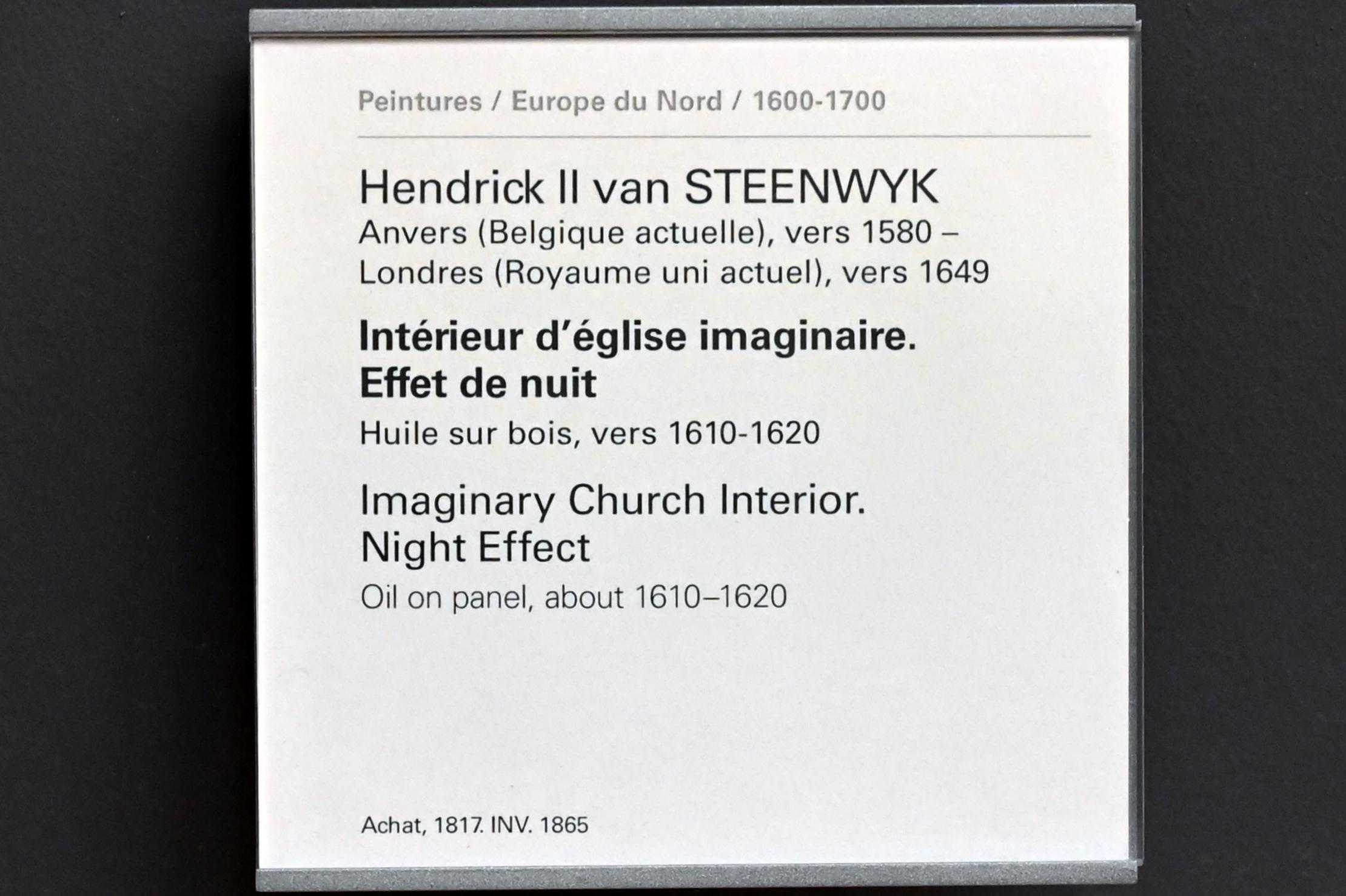Hendrick van Steenwyck der Jüngere (1608–1640), Imaginärer Kircheninnenraum, Nachteffekt, Paris, Musée du Louvre, Saal 803, um 1610–1620, Bild 2/2