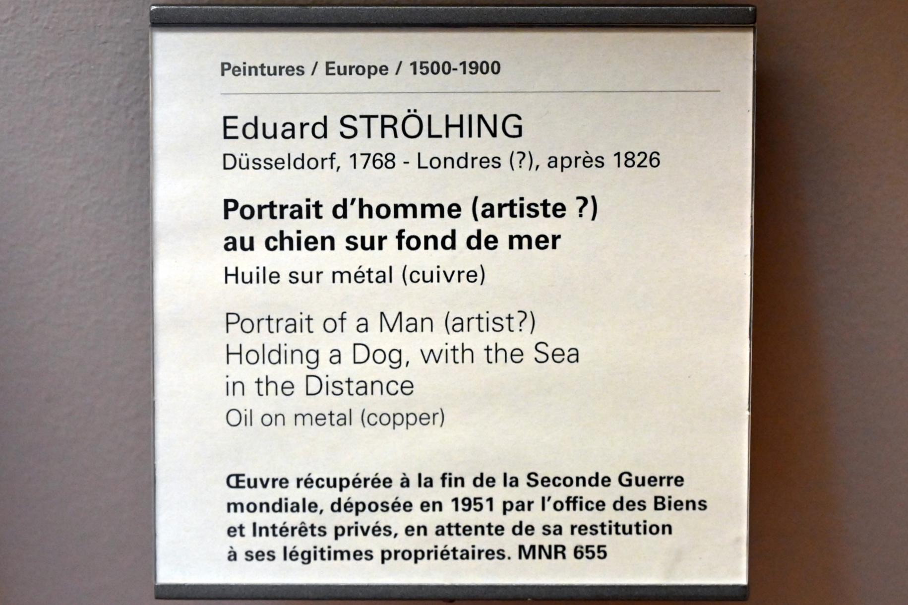Eduard Ströhling (Undatiert), Porträt eines Mannes (Künstler?) mit einem Hund vor Meereshintergrund, Paris, Musée du Louvre, Saal 804, Undatiert, Bild 2/2