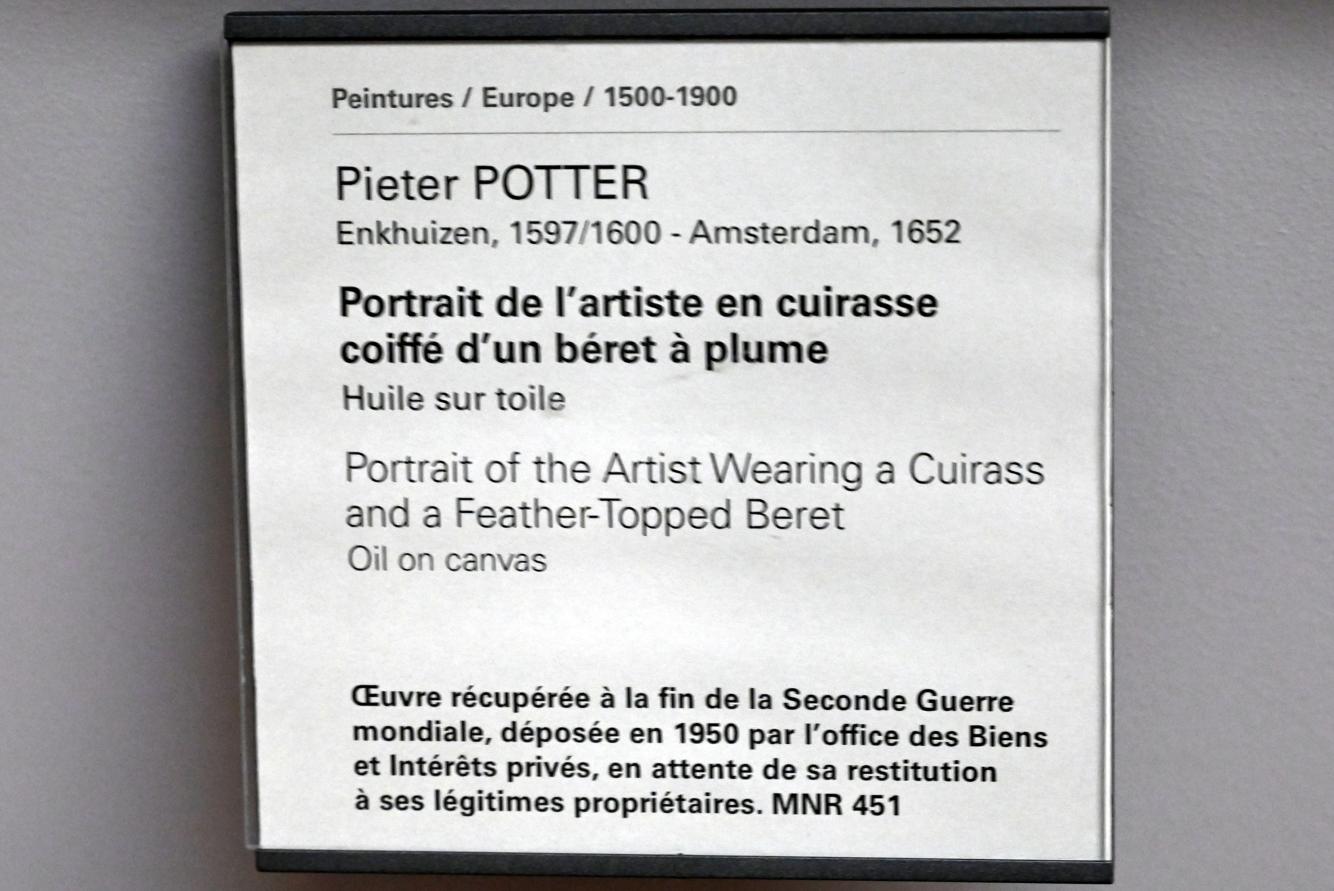 Pieter Symonsz Potter (Undatiert), Der Künstler im Küriss mit gefiederter Baskenmütze, Paris, Musée du Louvre, Saal 804, Undatiert, Bild 2/2