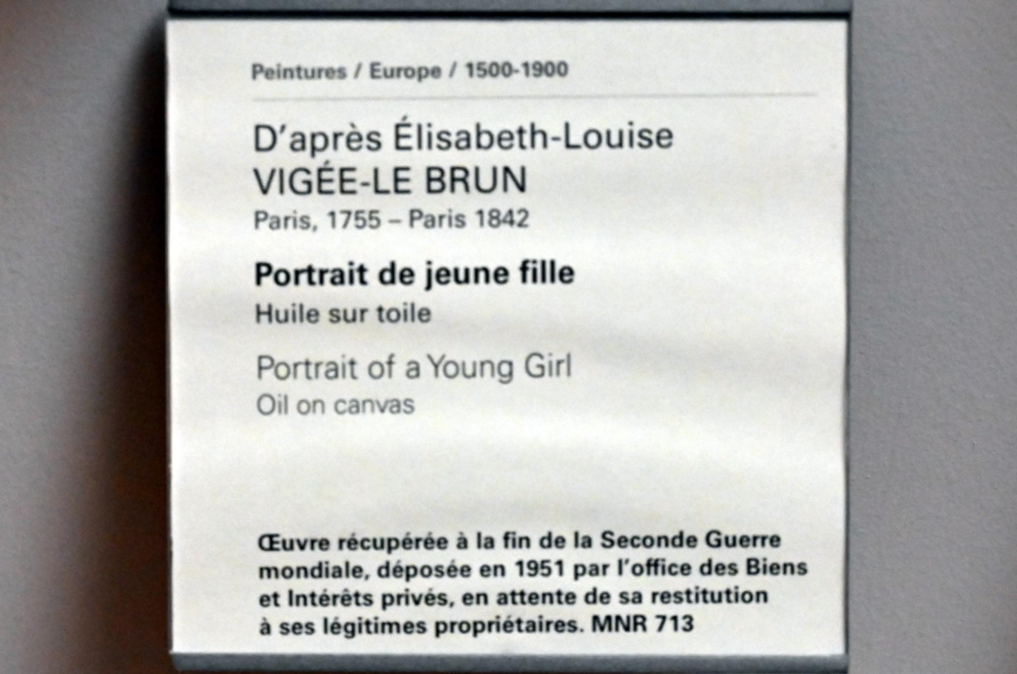 Élisabeth Vigée-Lebrun (Nachahmer) (Undatiert), Porträt eines jungen Mädchens, Paris, Musée du Louvre, Saal 805, Undatiert, Bild 2/2
