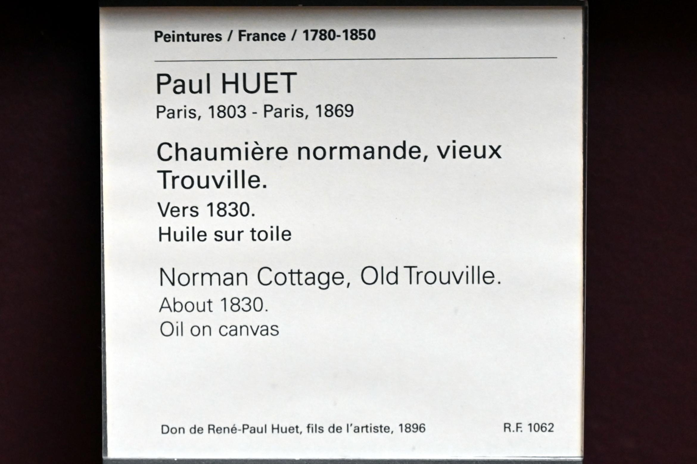 Paul Huet (1830–1855), Reetdachhaus im alten Trouville-sur-Mer in der Normandie, Paris, Musée du Louvre, Saal 944, um 1830, Bild 2/2