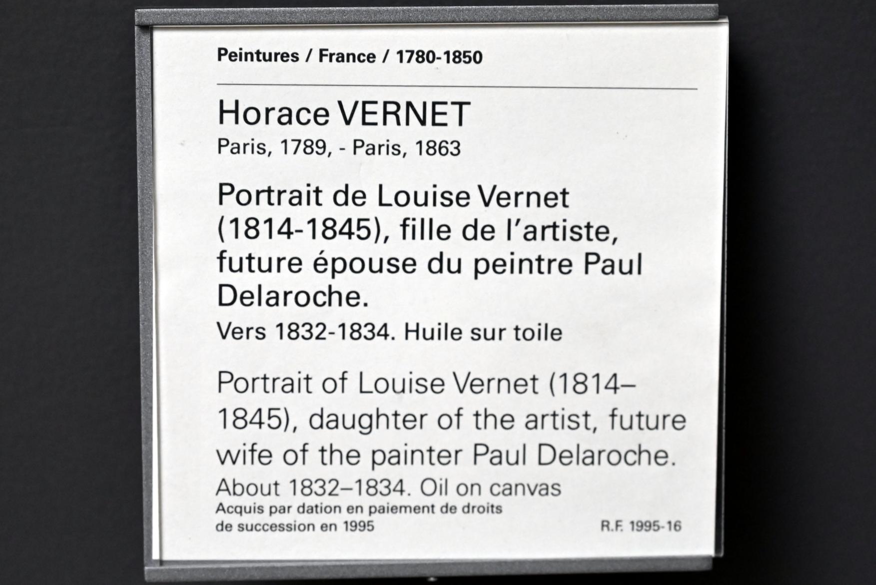 Horace Vernet (1810–1833), Porträt der Louise Vernet (1814-1845), Tochter des Künstlers, spätere Ehefrau des Malers Paul Delaroche, Paris, Musée du Louvre, Saal 946, um 1832–1834, Bild 2/2