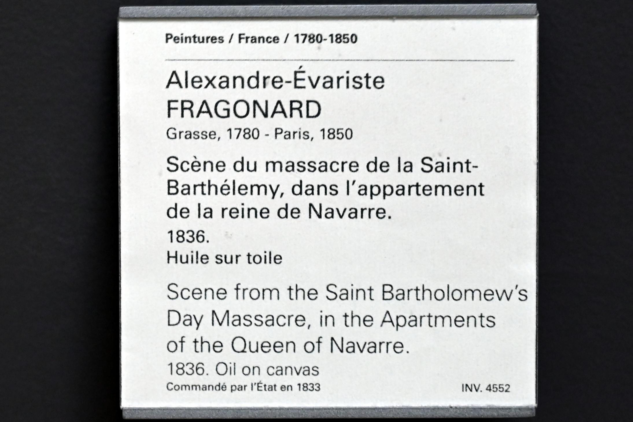 Alexandre-Évariste Fragonard (1830–1836), Das Massaker der Bartholomäusnacht in den Gemächern der Königin von Navarra, Paris, Musée du Louvre, Saal 946, 1836, Bild 2/2