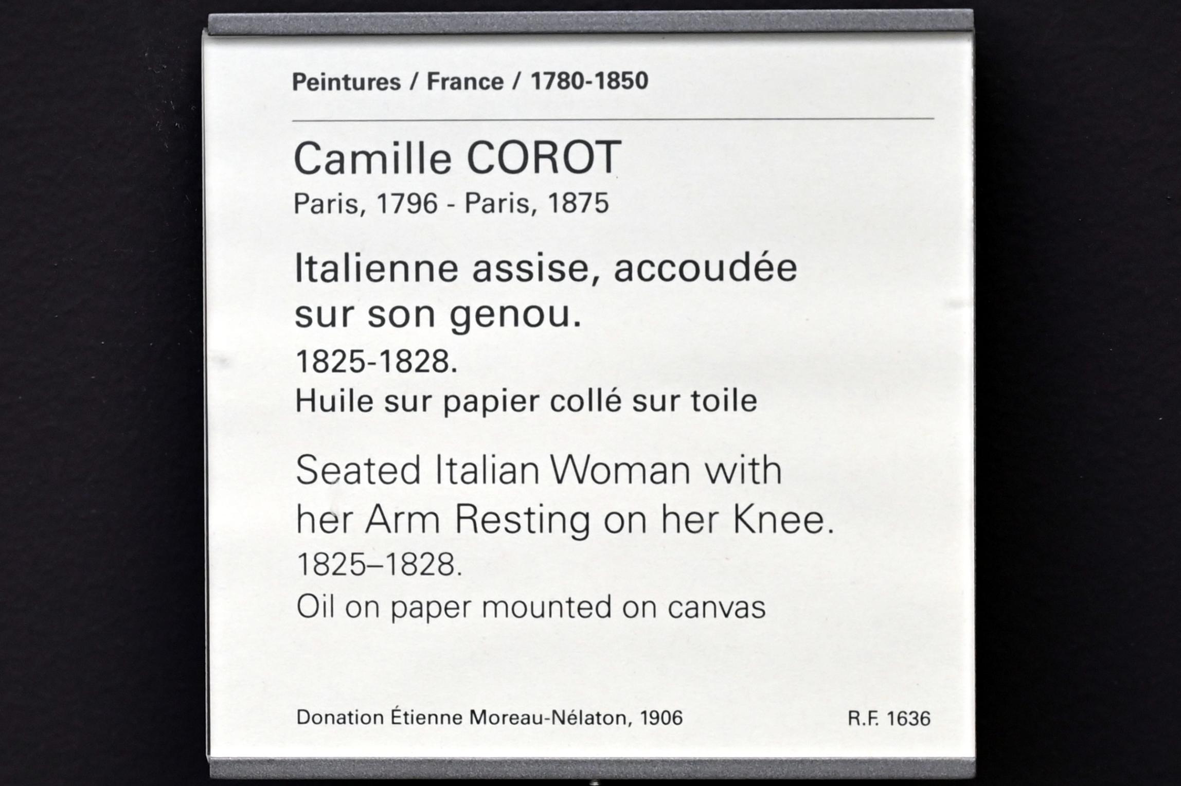Jean-Baptiste Camille Corot (1823–1874), Sitzende Italienerin, deren Arm auf ihrem Knie ruht, Paris, Musée du Louvre, Saal 949, 1825–1828, Bild 2/2