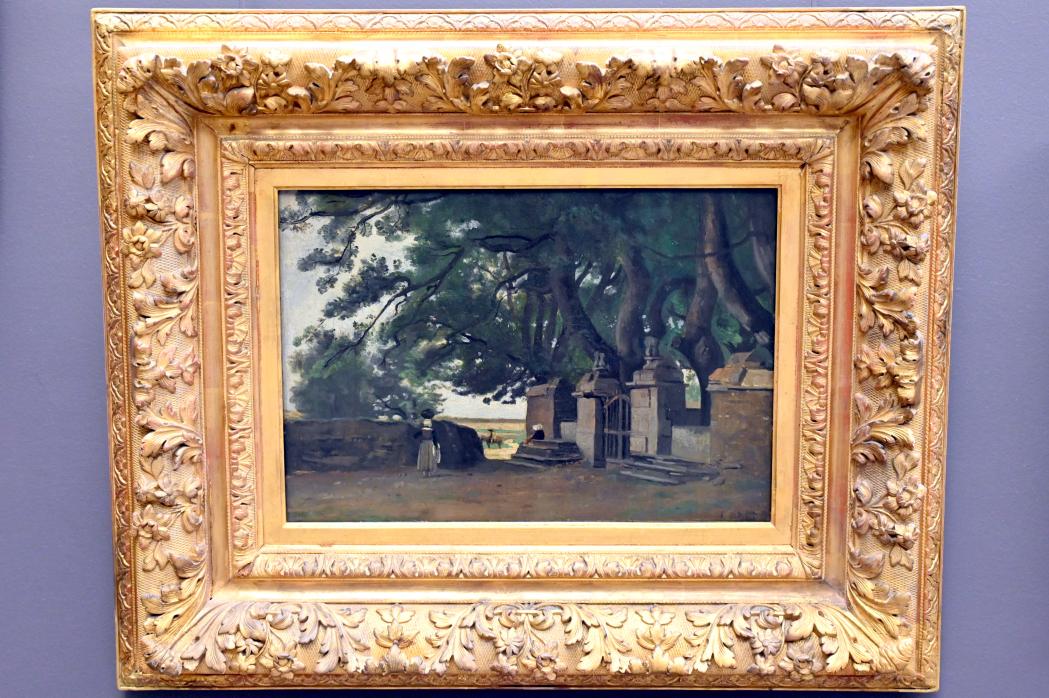Jean-Baptiste Camille Corot (1823–1874), Tor im Schatten großer Bäume in einer bretonischen Landschaft, Paris, Musée du Louvre, Saal 949, um 1840–1850, Bild 1/2