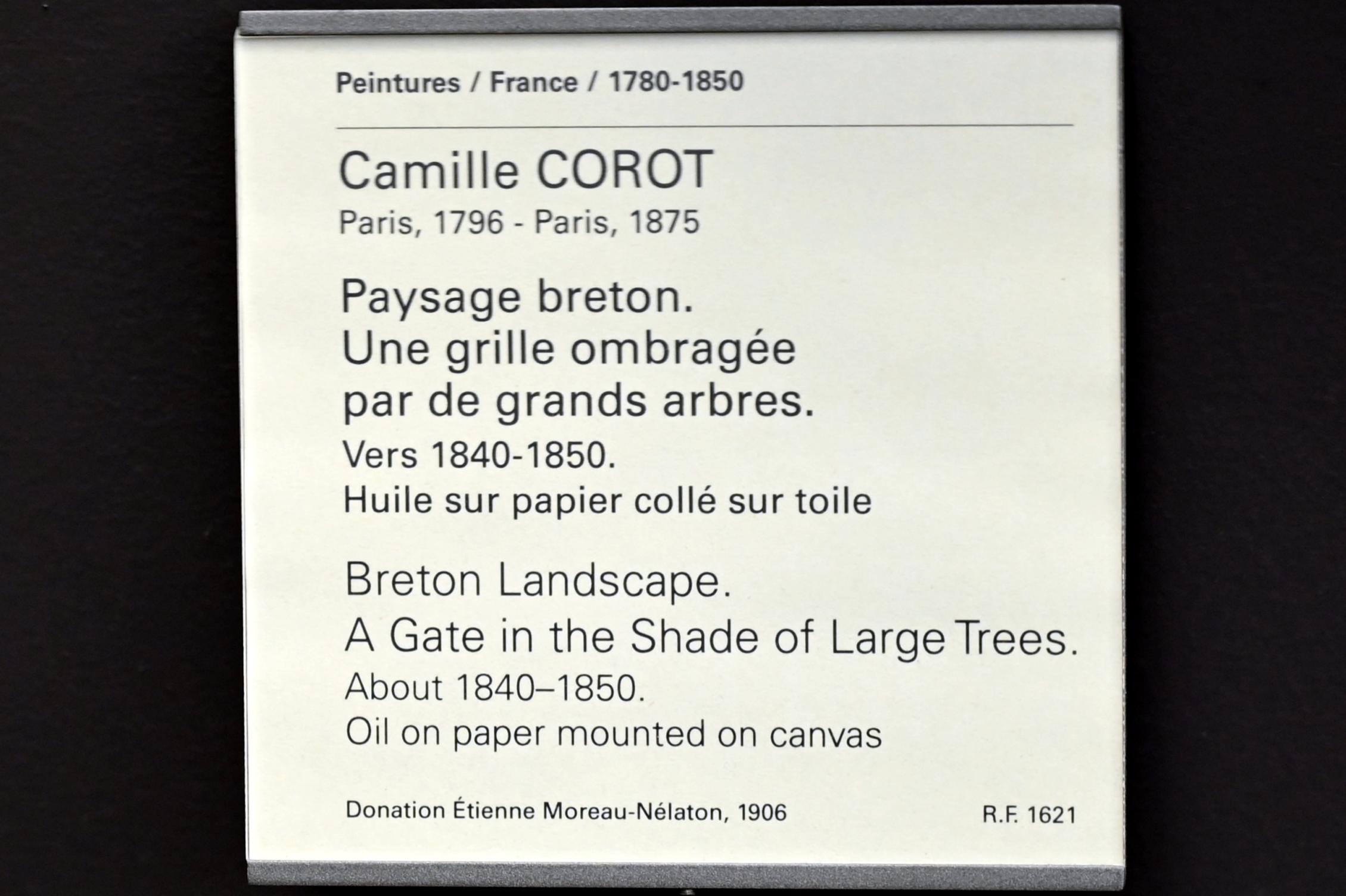Jean-Baptiste Camille Corot (1823–1874), Tor im Schatten großer Bäume in einer bretonischen Landschaft, Paris, Musée du Louvre, Saal 949, um 1840–1850, Bild 2/2