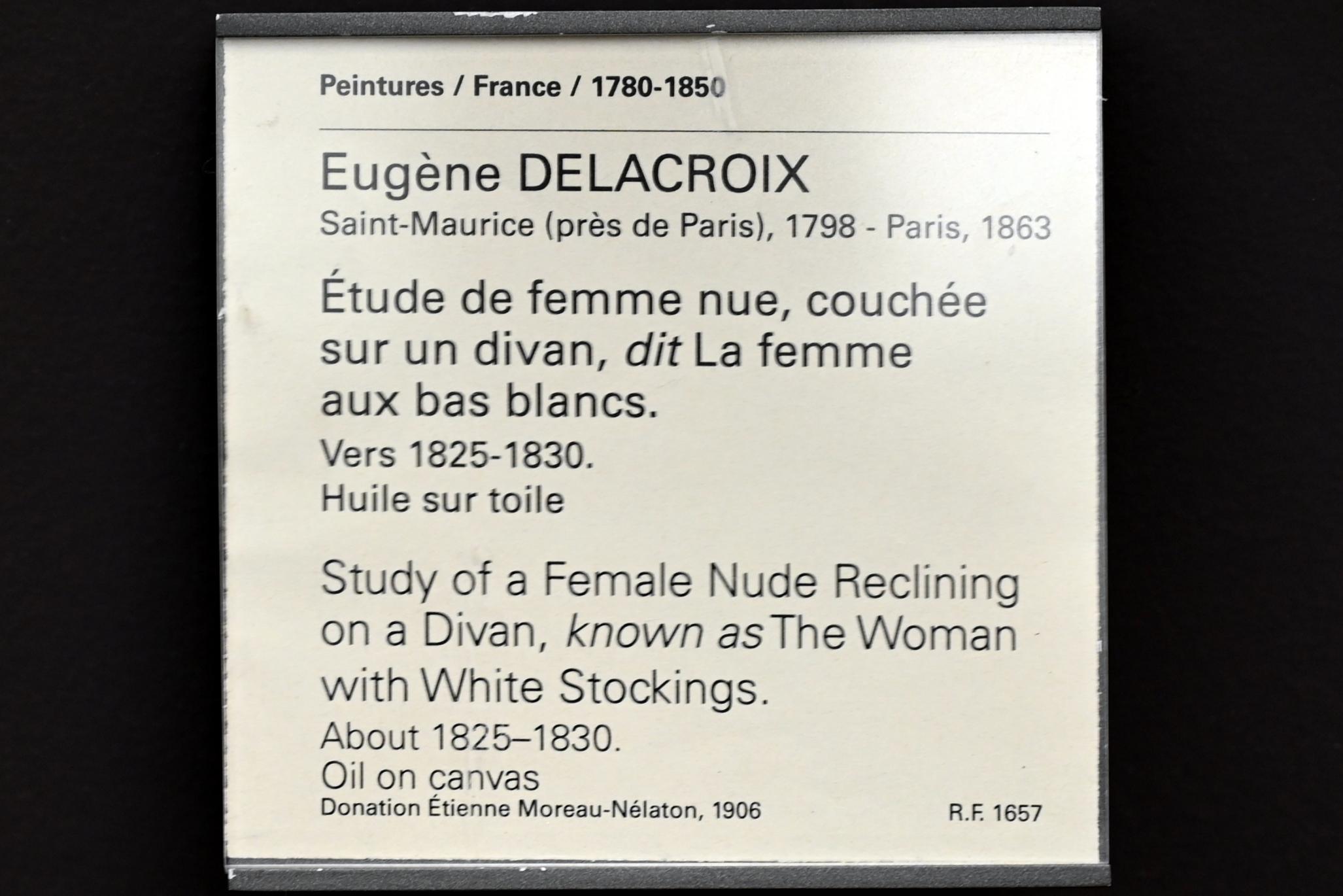 Eugène Delacroix (1820–1862), Weibliche Aktstudie auf einem Diwan (Die Frau mit den weißen Strümpfen), Paris, Musée du Louvre, Saal 950, um 1825–1830, Bild 2/2